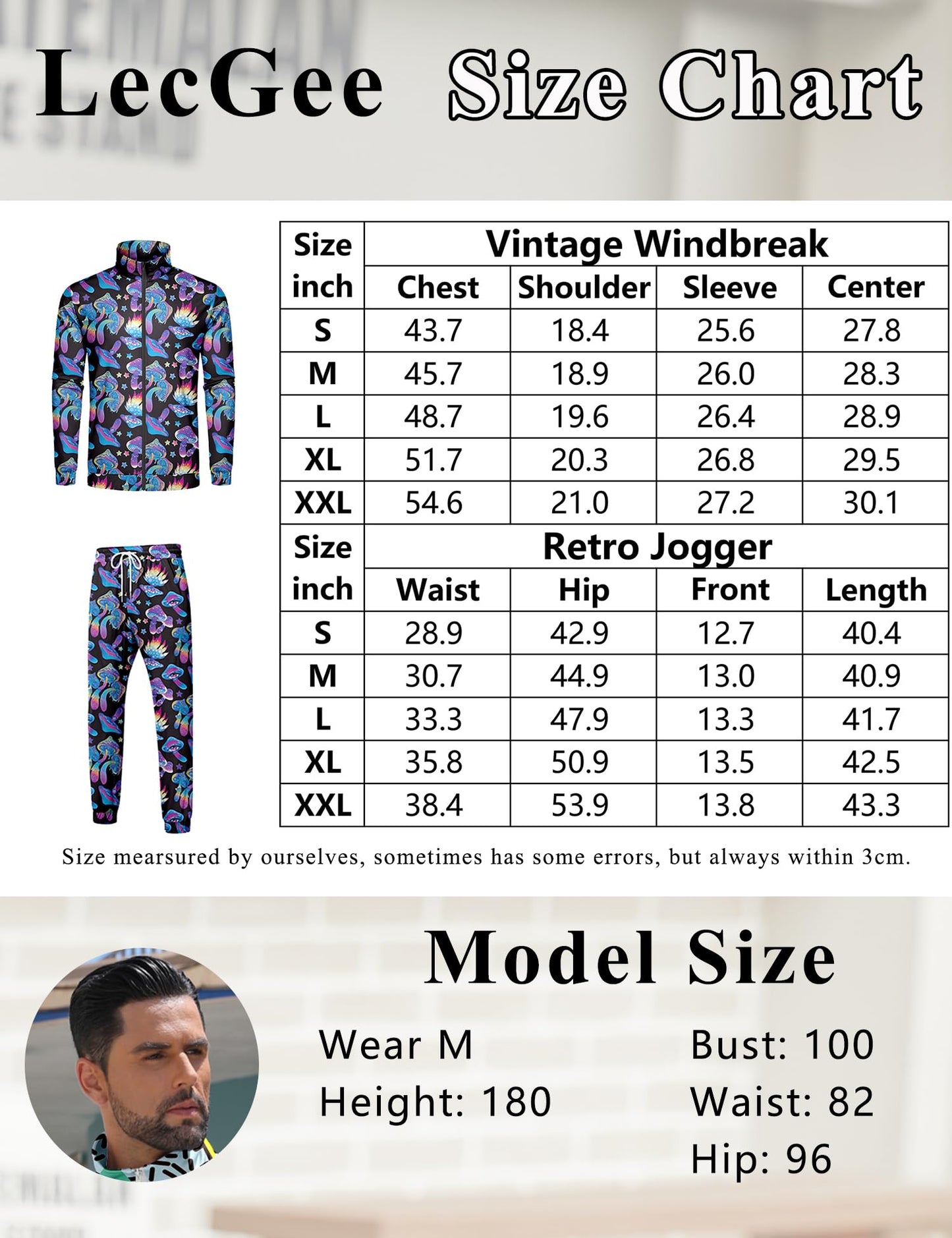 LecGee Men's 80s 90s Outfits Long Sleeve Full Zip Jacket Jogger Sweatsuit for Men 2 Piece Rave Outfits(BM,XXL)