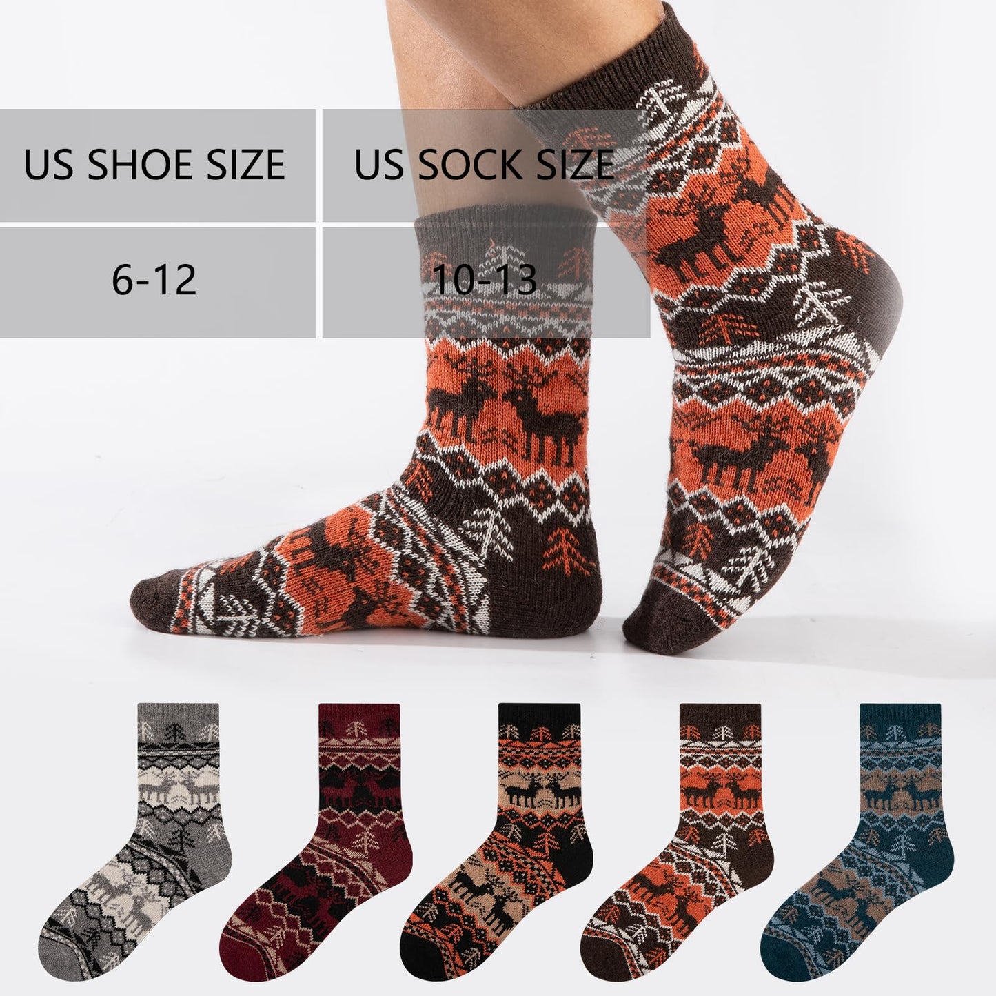 COOPLUS Wool Socks Mens Warm Winter Thermal Thick Pattern Crew Socks for Cold Weather (5 Pairs)