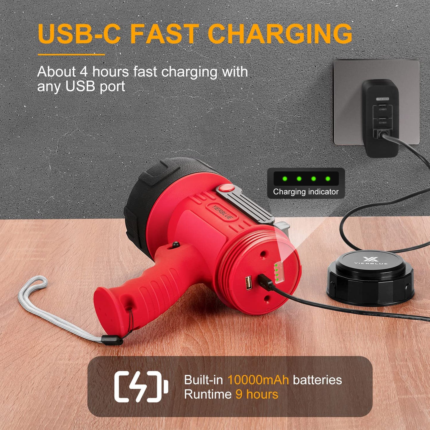 YIERBLUE Rechargeable Spotlight Flashlight with 1000,000 Lumen LED, IP67 Waterproof Long Running Spot Light searchlight, Impact Resistant Handheld Spotlight with Foldable Stand and Detachable Red Lens