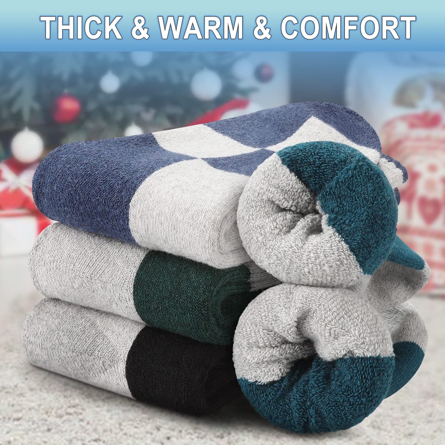 Thermal Socks for Men, 4 Pairs Thick Wool Warm Socks Men Winter Soft Walking Hiking Socks Mens Woolen Heavy Cosy Boot Socks for Cold Weather Crew Socks Size 6-12