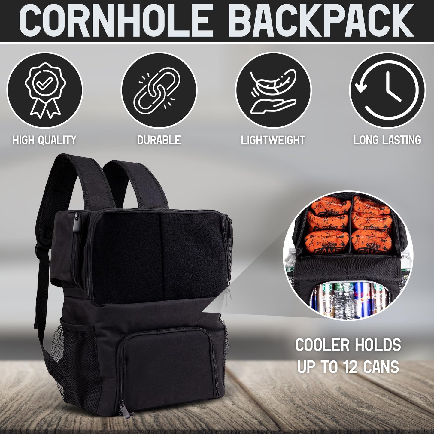 Cornhole Cooler Backpack, Holds up to 2 Sets (8 Bags), Bottle Opener, Cooler Holds up to 12 cans, Extra Compartments for Phone, Storage