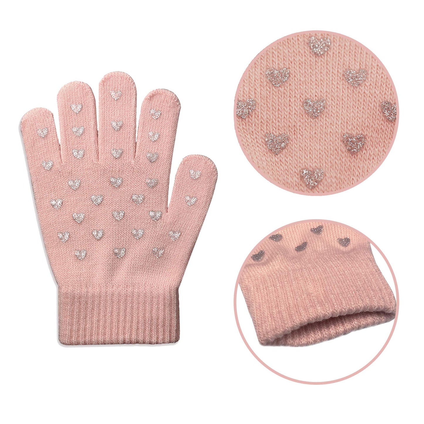 Evridwear Boys Girls Magic Stretch Gripper Gloves 3 Pair Pack Assortment, Kids One Size Winter Warm Gloves Children (6-8Years, 3 Pairs Heart Printing)