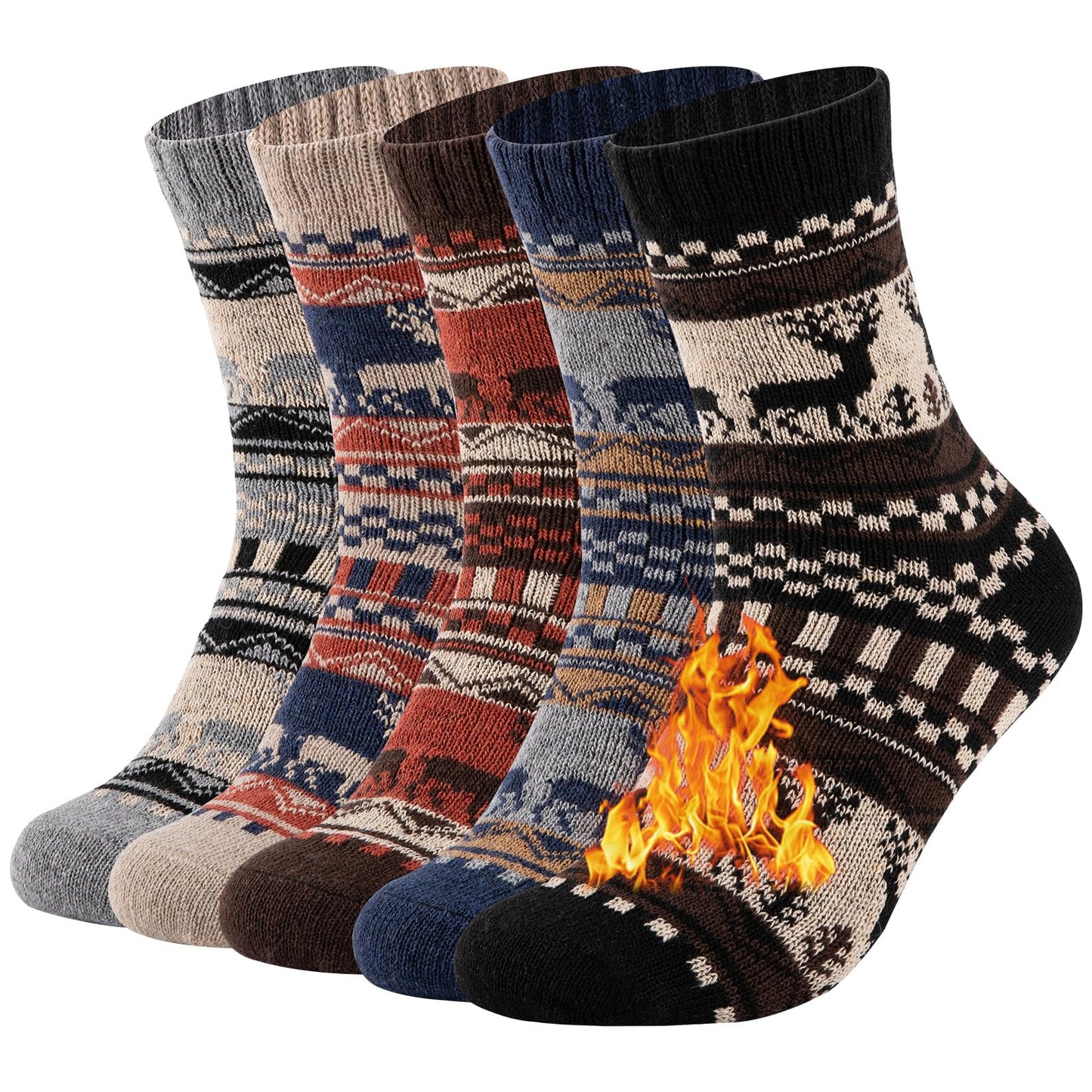 COOVAN Wool Socks Mens Warm Winter Wool Thermal Thick Pattern Cold Weather Socks for Men Cozy Crew Socks