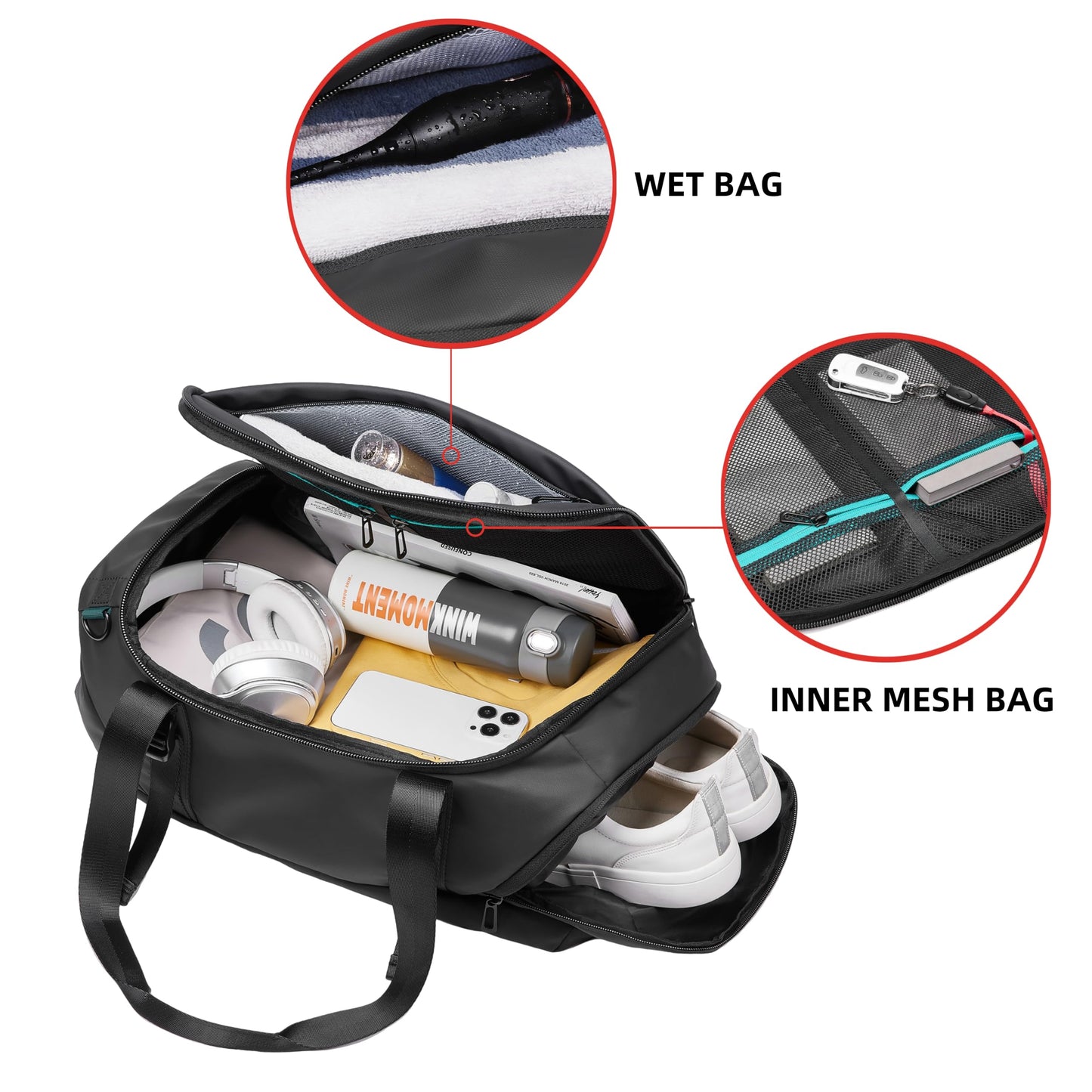 PreciousU Waterproof Gym Bag for Men,Sports Workout Training Overnight Duffle Bag with Shoe Compartment,Backpack Shoulder Straps and Wet Material Separation for Airplanes,Weekender Traveling.