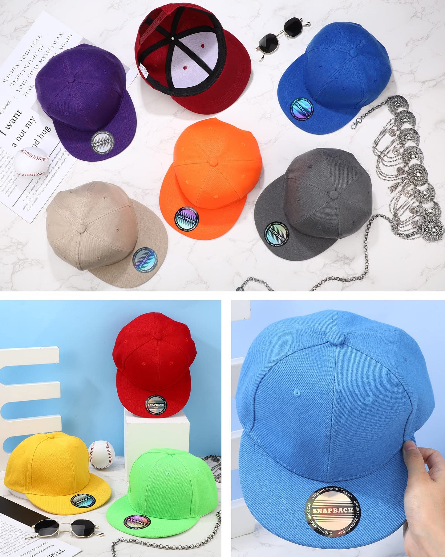 JaGely 15 Pack Snapback Hats for Men Hip Hop Style Hats Solid Baseball Hats Adjustable Snapback Cap Flat Brim Baseball Caps(Fresh Colors)