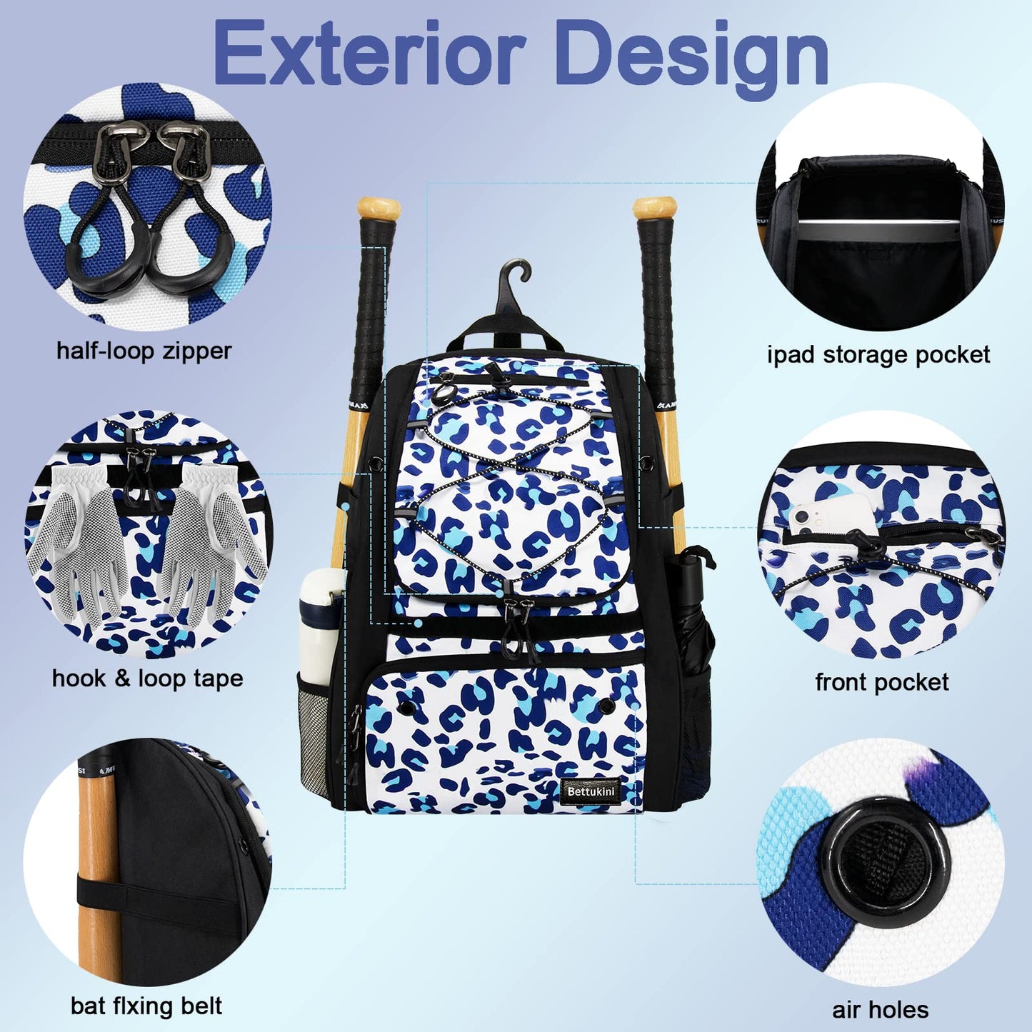 Youth Baseball Bag, Bat Backpack for Baseball, T-Ball Softball Equipment Gear, Helmet, Batting Glove, Batting Mitten, Shoes Compartment Large Capacity Baseball Bags with Fence Hook Holds 4 Bats Blue