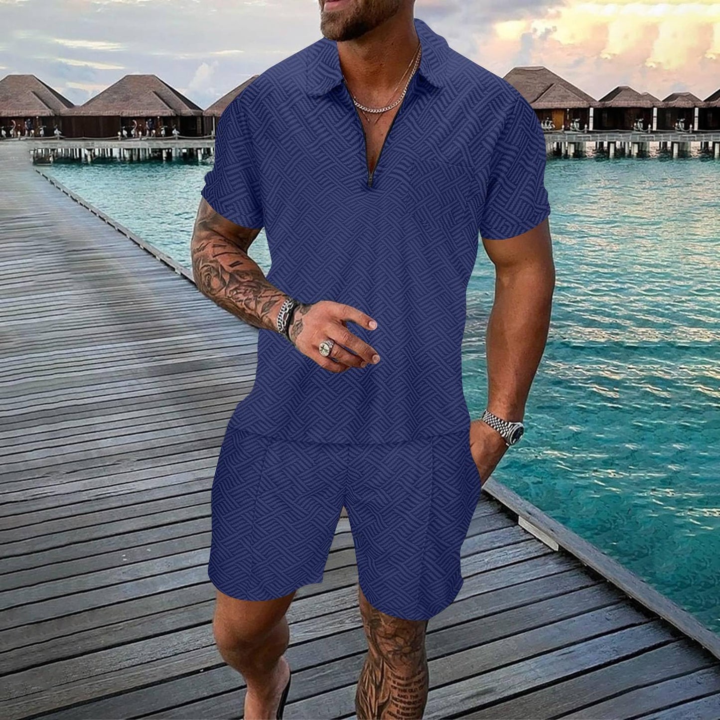 Generic Mens Summer Tracksuit Set 2 Piece Outfits Casual Hawaiian Beach Vacation Macthing Polo Shirts and Short Sets, X-Large, #B03-navy