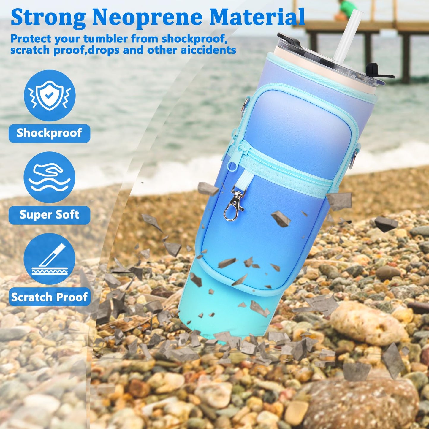 Water Bottle Carrier Bag with Phone Pocket Compatible with Stanley/Meoky 40 oz Tumbler with Handle,Neoprene Water Bottle Holder Pouch with Adjustable Strap Compatible with Stanley Cup Accessories