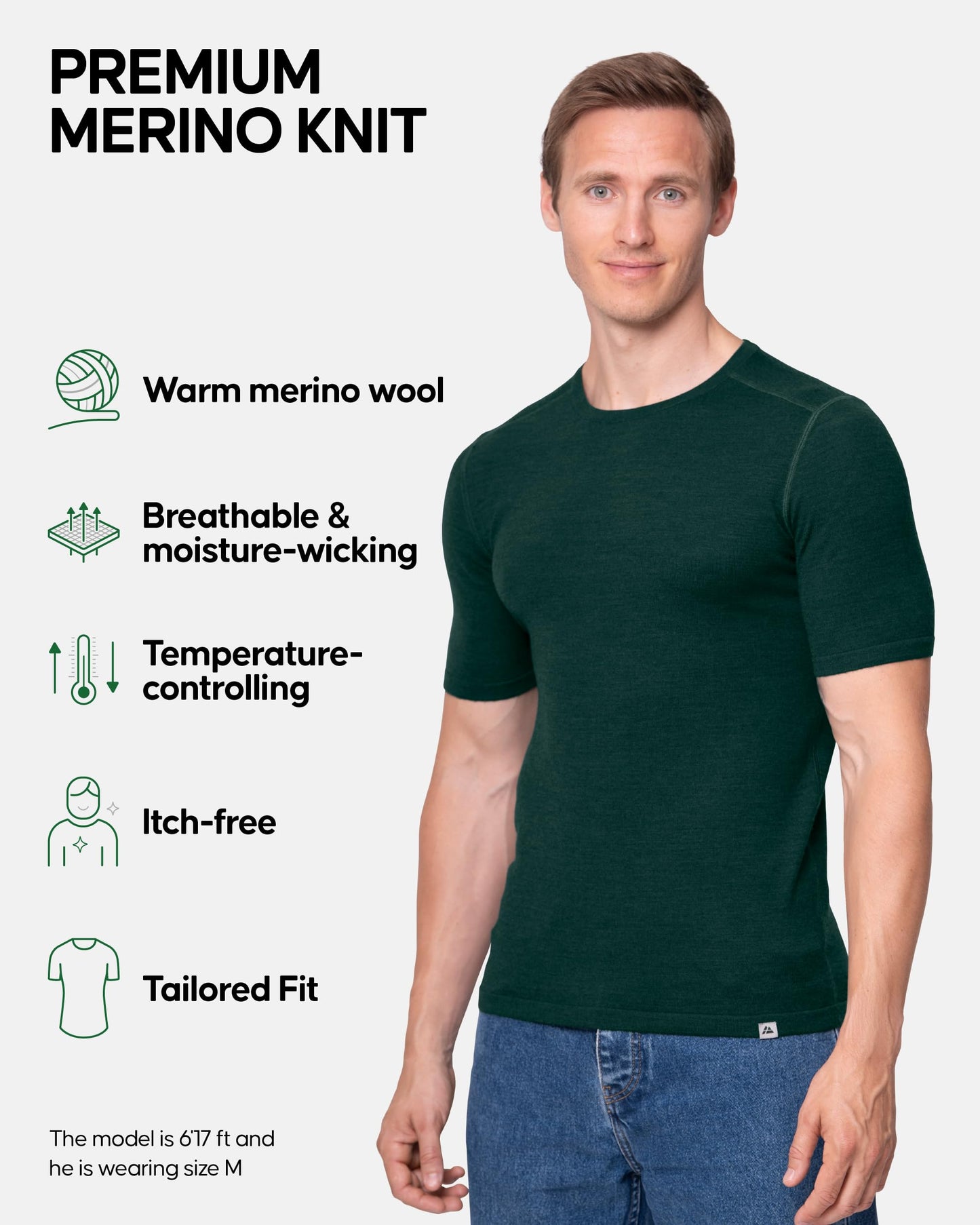 DANISH ENDURANCE Merino Wool Baselayer T-Shirt, Short Sleeve, Premium Undershirt for Men, Breathable and Moisture Wicking, Dark Green, L