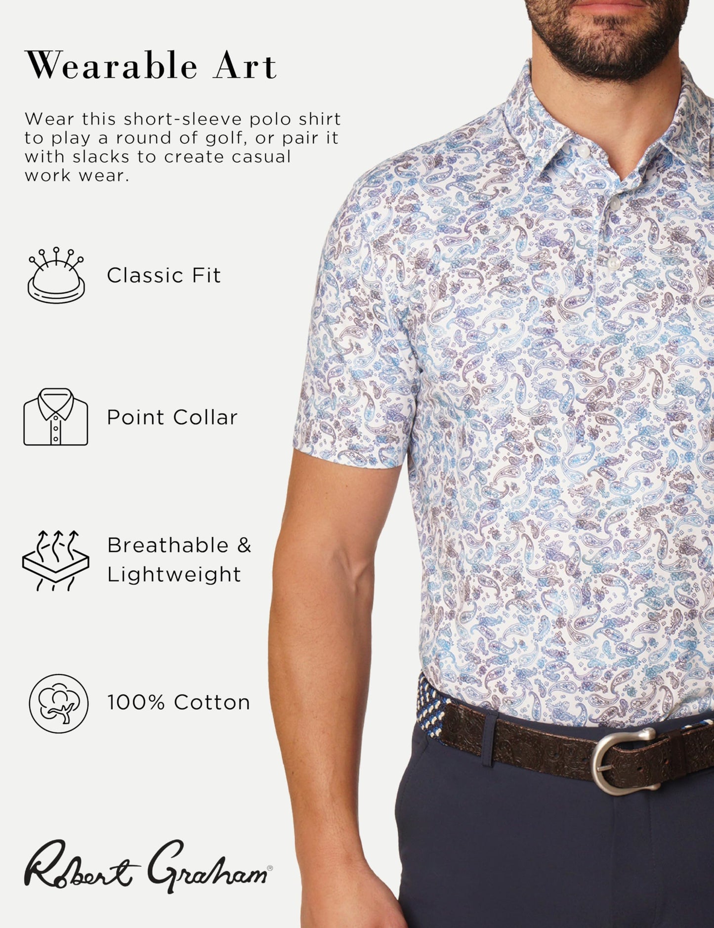 Robert Graham Men's Oakes Short Sleeve Knit Polo Shirt, White, Small