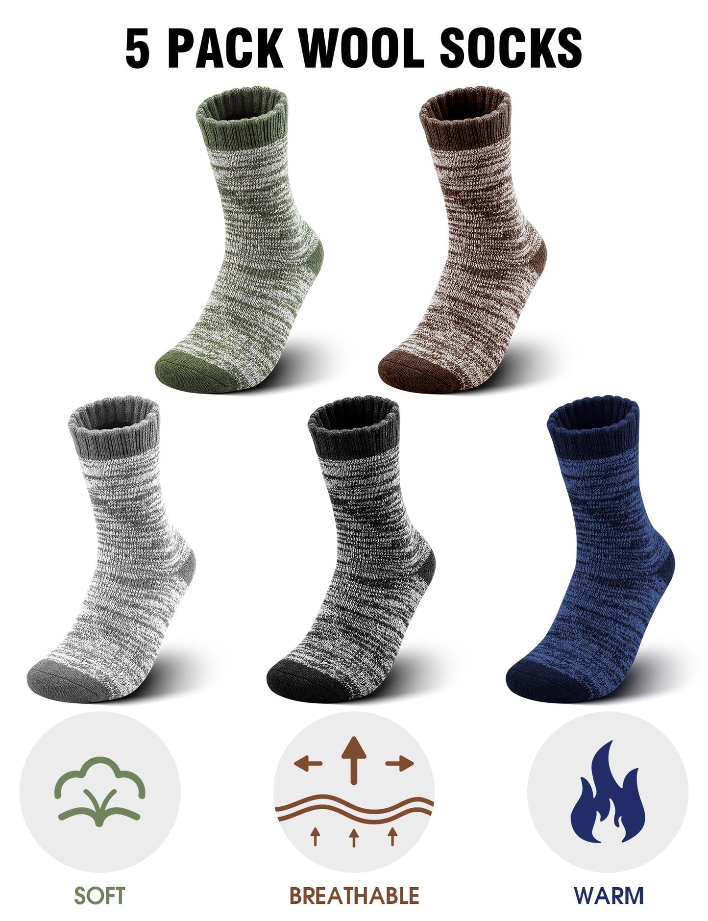 Yeblues 5 Pairs Thick Wool Socks Mens, Warm Winter Fuzzy Socks,Soft Wool Hiking Socks Men Moisture Wicking Boot Socks(size 6-11)