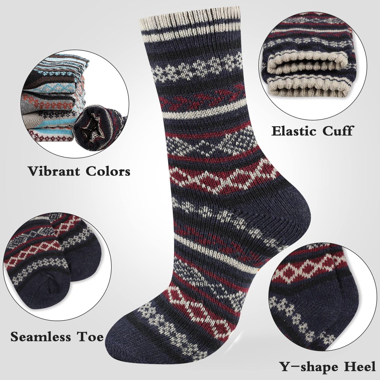 Heatuff Mens Thick Wool Socks Thermal Warm Winter Crew Socks 5 Pairs Multicolors