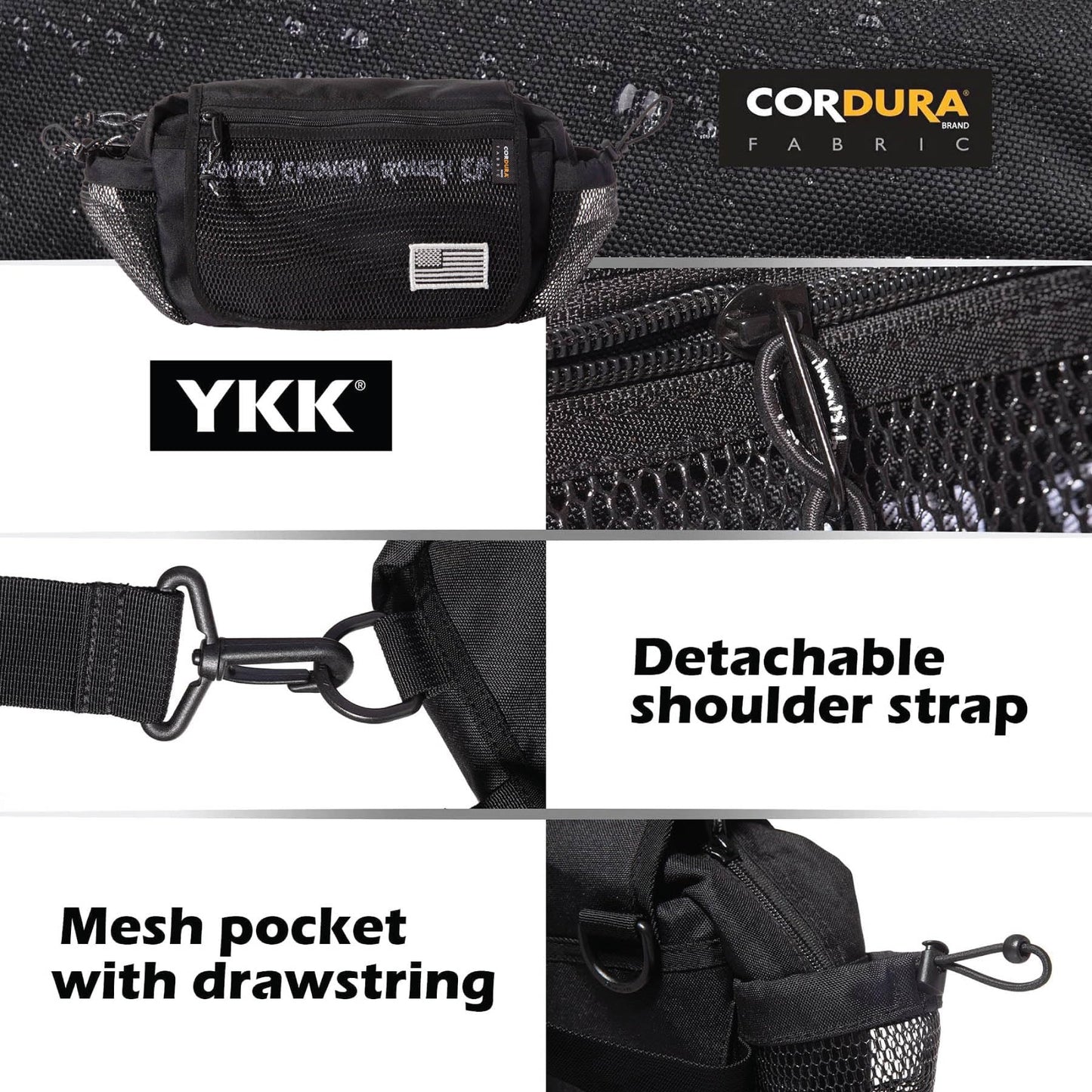 Rough Enough Mens Fanny Pack Crossbody Shoulder Bag Waist Pack for Men 3 in 1 Way Outdoor Fishing Hiking Camping Black Cordura