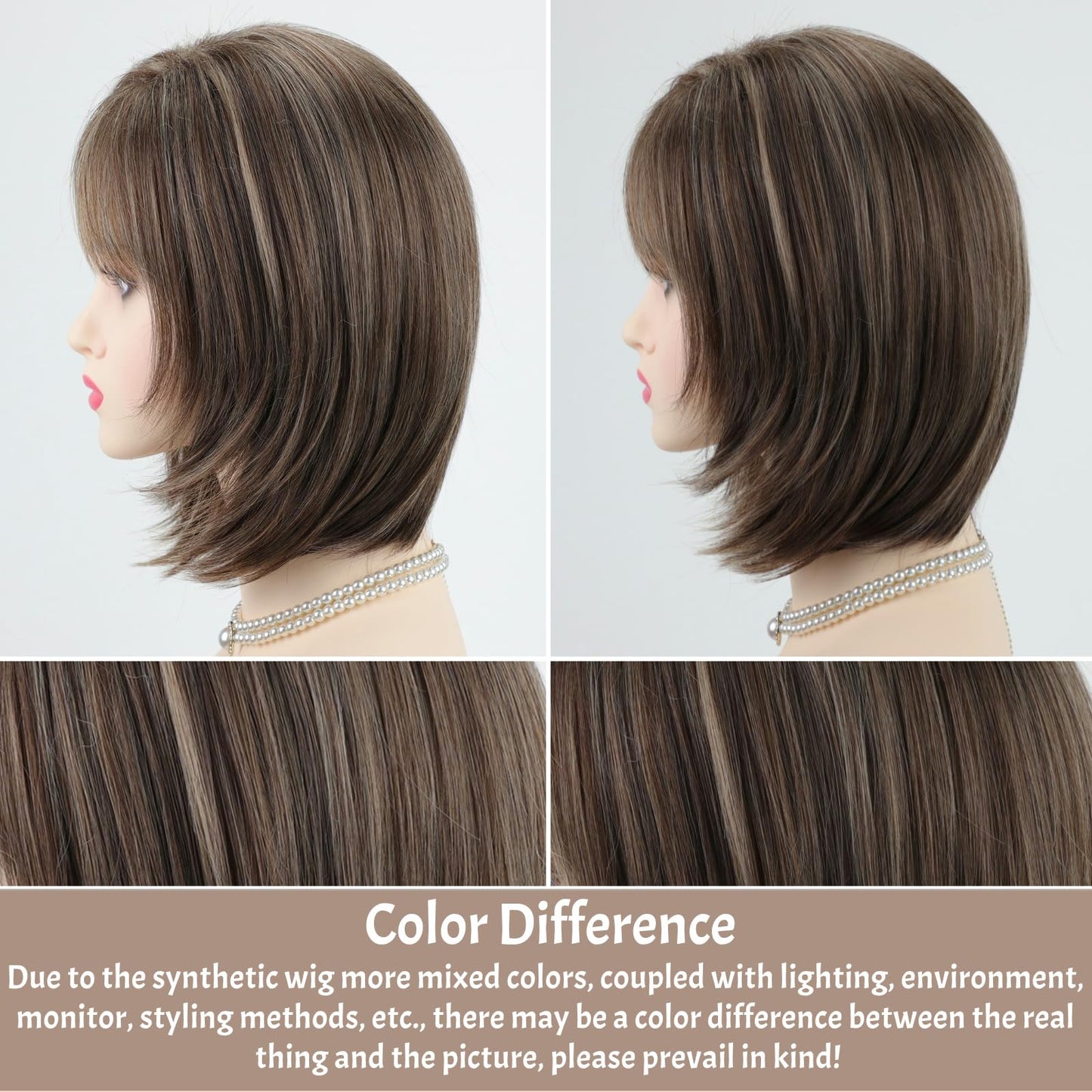 RENERSHOW Brown Highlight Short Pixie Bob Wig with Bangs Layered Brown Mix Blonde Wigs for Women Chin Length Straight Synthetic Wig Natural Looking Daily Party Wig