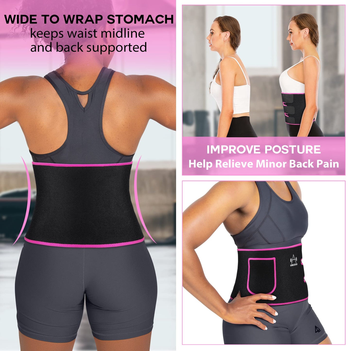 VIMUSFUN Waist Trainer for Woman Lower Belly Fat Men Waist Trimmer Belt Sweat Band Tummy Stomach Wraps Pink Waste Trainers Sauna Suit Back Support Small/Medium/Large/Plus Size