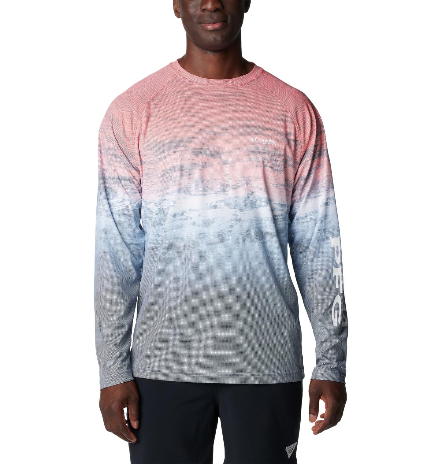 Columbia Men's Terminal Deflector Printed Long Sleeve, Red Spark Deepsea Fade, X-Large