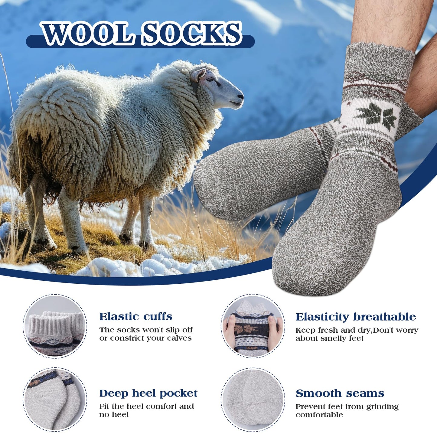 Yeblues Winter Warm Thick Wool Socks for men, Thermal Wool Hiking Socks, Breathable Cozy Crew Socks for Men Cold Weather 5 Pairs(size 12-17)