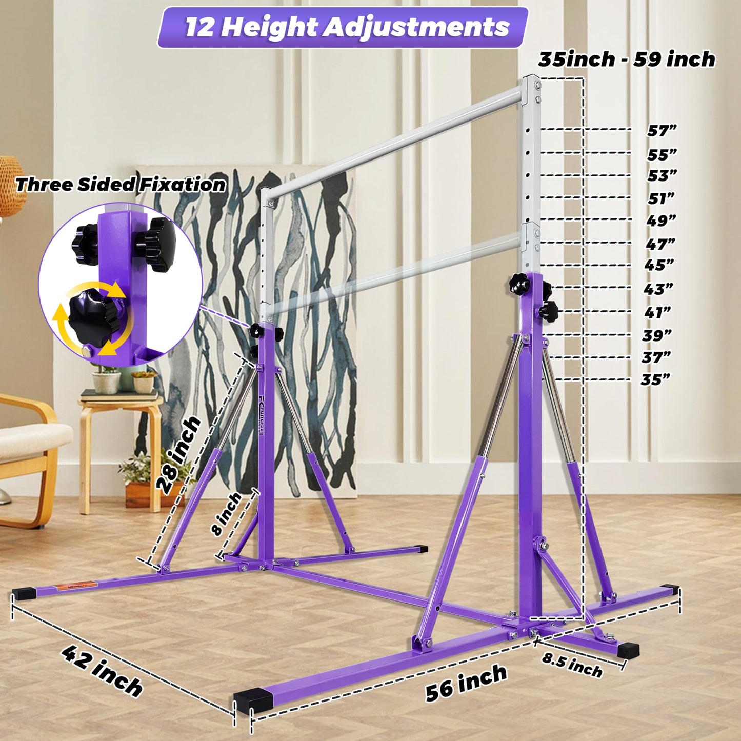 FC FUNCHEER Foldable Gymnastics Bar,5FT Horizontal bar,Adjustable Kids Training bar for Kids Ages 3-15,Kids Gymnastics bar,Triangle Stable Structure-Gym Equipment for Home