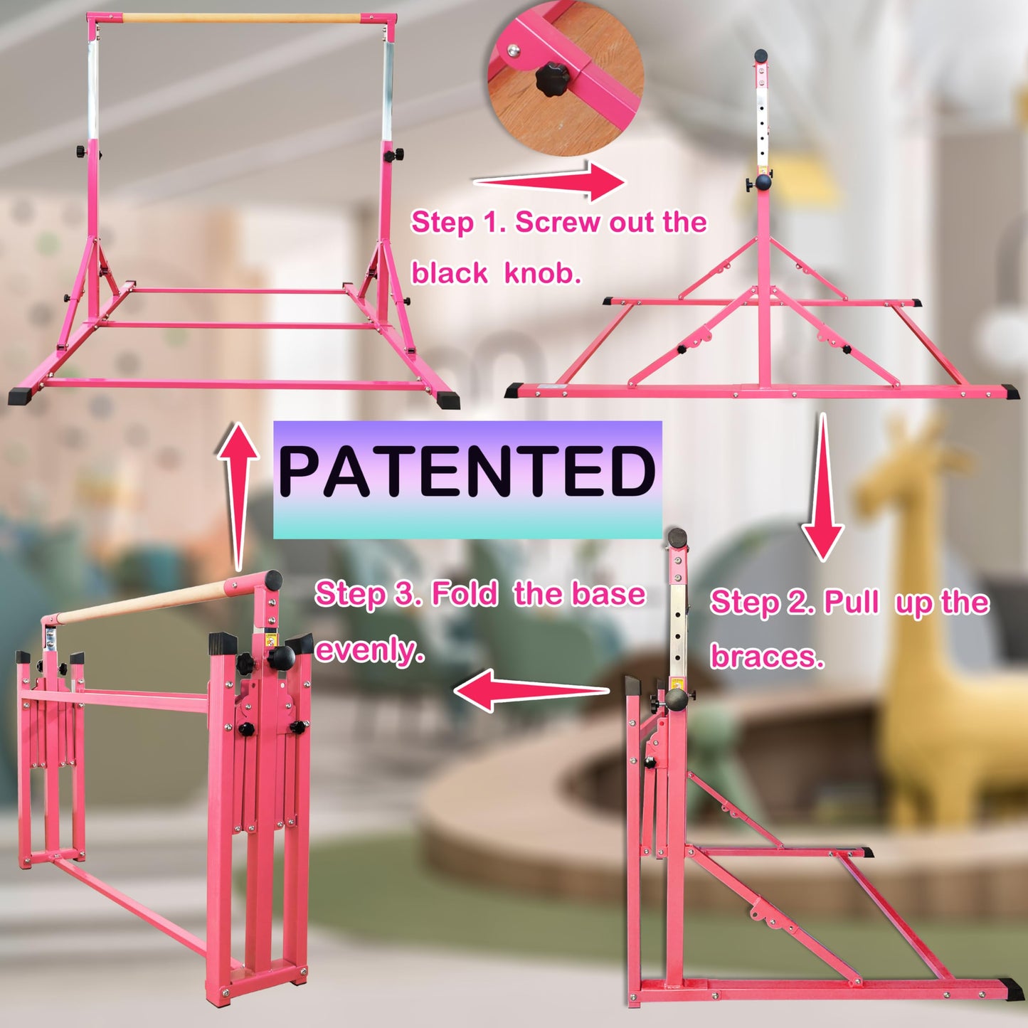 PreGymnastic Foldable Gymnastics Bar, 6FT Gymnastic Horizontal Bars, Folding Training Bar for Kids and Teenagers 3-18, Weight Limit 500 LB, Adjustable kip Bar,Children Home Gym Equipment Indoor