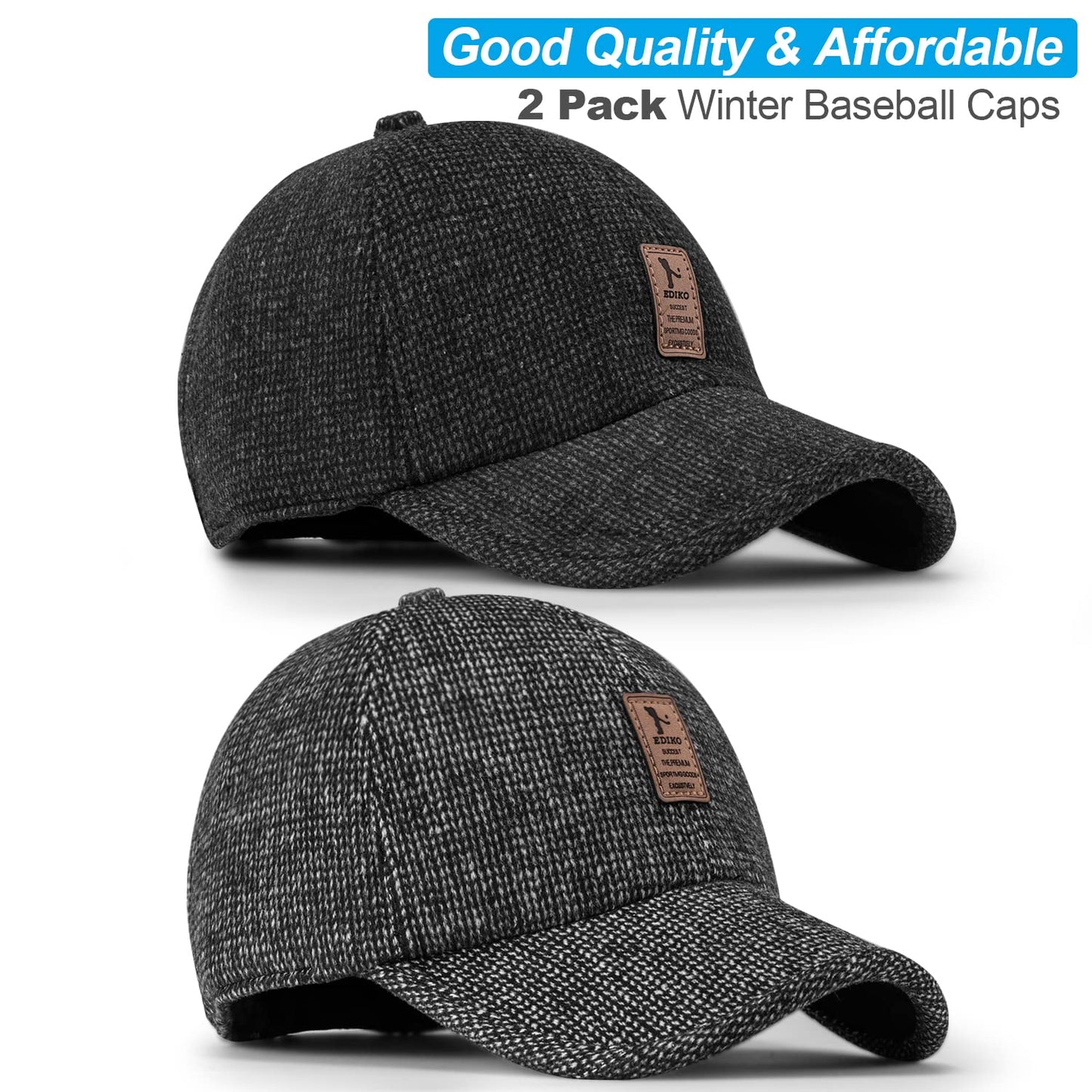 Falidem 2 Pack Men's Winter Baseball Cap with Ear Flaps, Baseball Winter Hats with Ear Flaps for Men Outdoor Walk Running