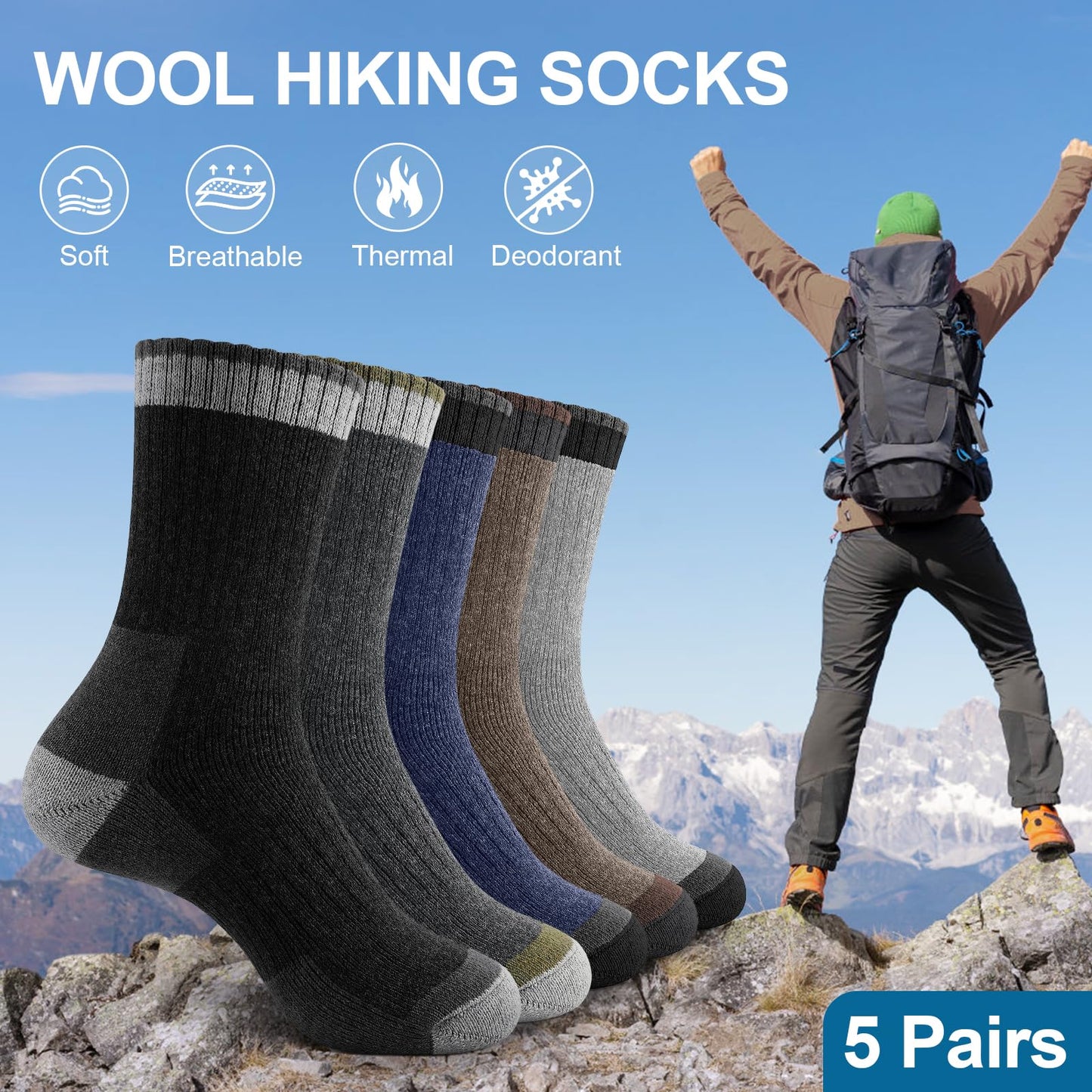 UUMIAER Merino Wool Socks for Men Hiking Thermal Warm Winter Crew Socks Thick Cushion Moisture Wicking Socks 5 Pairs