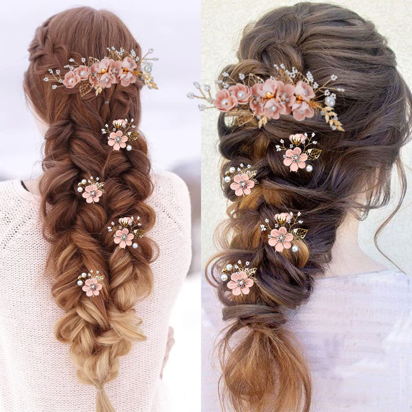 5 Pieces Bridal Flower Wedding Hair Pins Crystal Pearl Hair Combs Clips Headpiece Gold Wedding Hair Accessories Jewelry with Rhinestone for Brides Bridesmaids Women Girls Updo (Cherry Blossoms Pink)