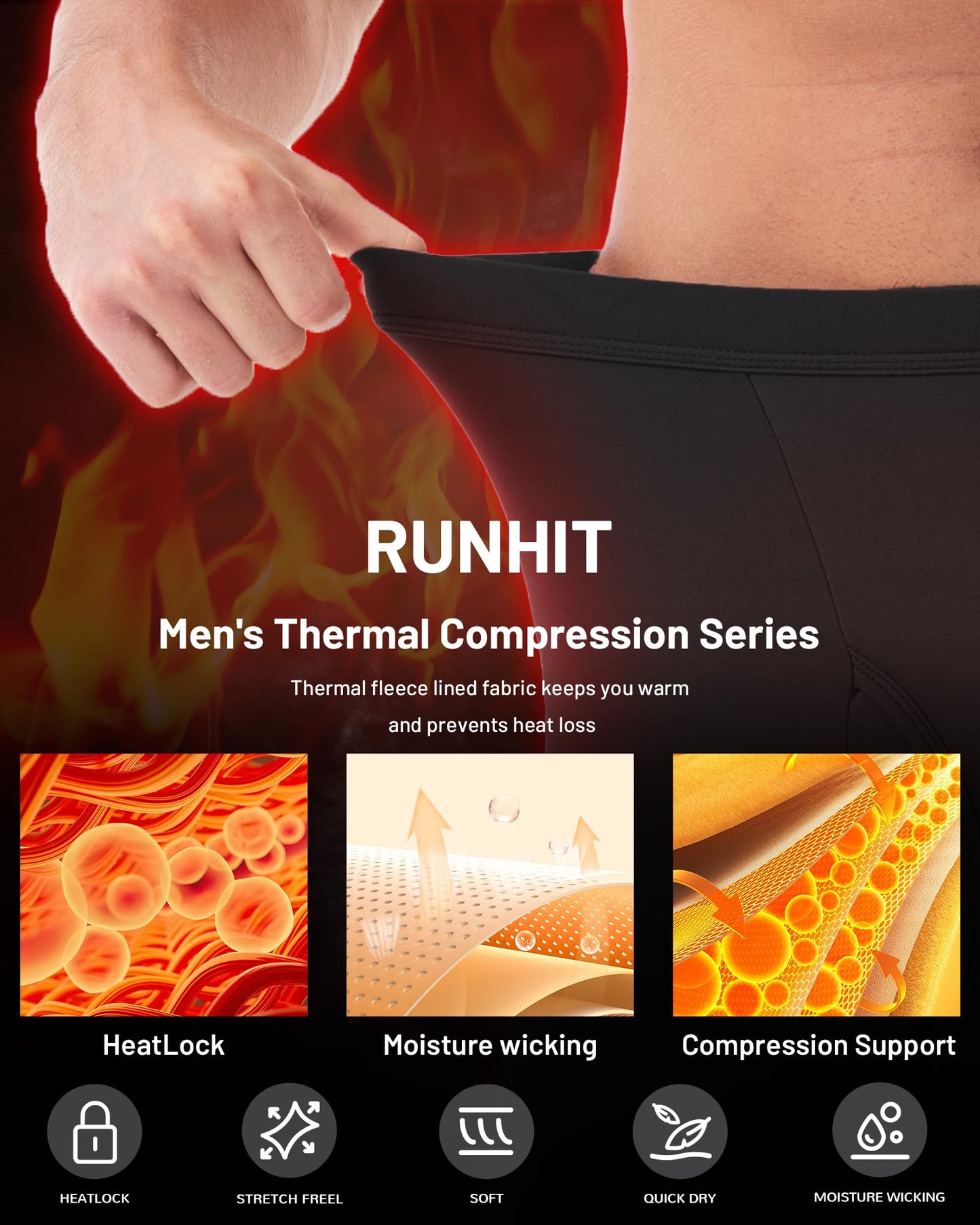 Runhit Long Johns for Men Thermal Pants with Fly Long Thermal Underwear Winter Cold Weather Fleece Thermal Bottoms, Black, Large