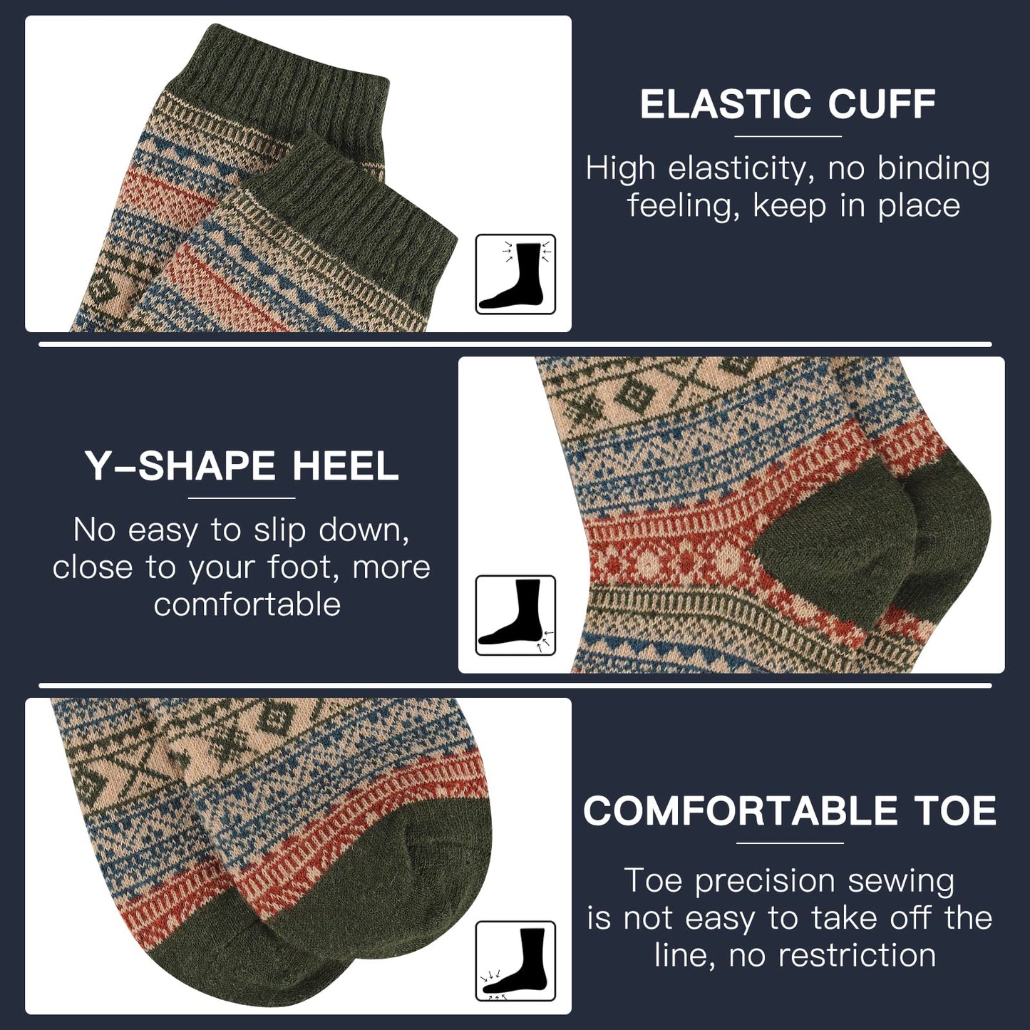 Heatuff Mens Warm Wool Socks Thermal Winter Thick Crew Pattern Socks Cold Weather 5 Pairs