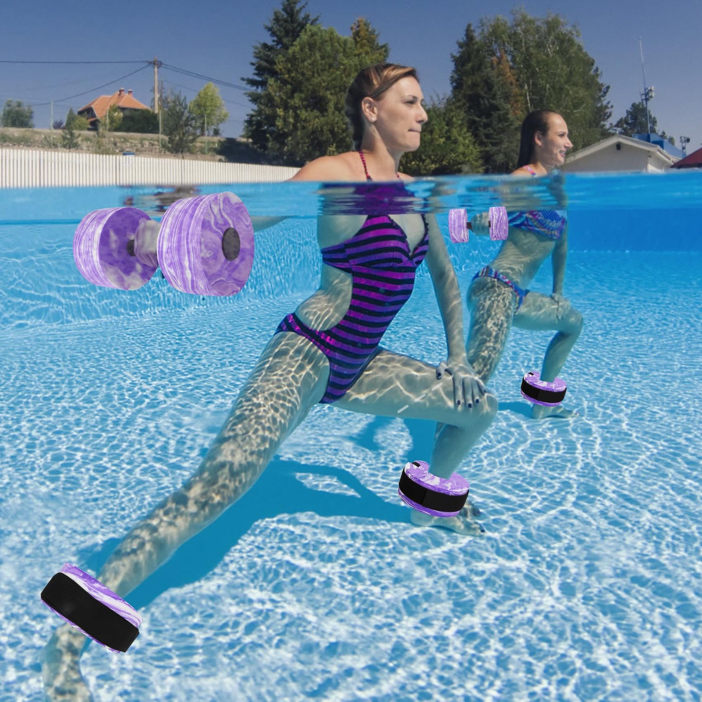 Water Aerobics Set for Aquatic Exercise, New Upgrade Aquatic Exercise Dumbbells and Foam Swim Aquatic Cuffs with Detachable Vecro, Aquatic Fitness Equipment for Water Workouts, Camouflage Purple