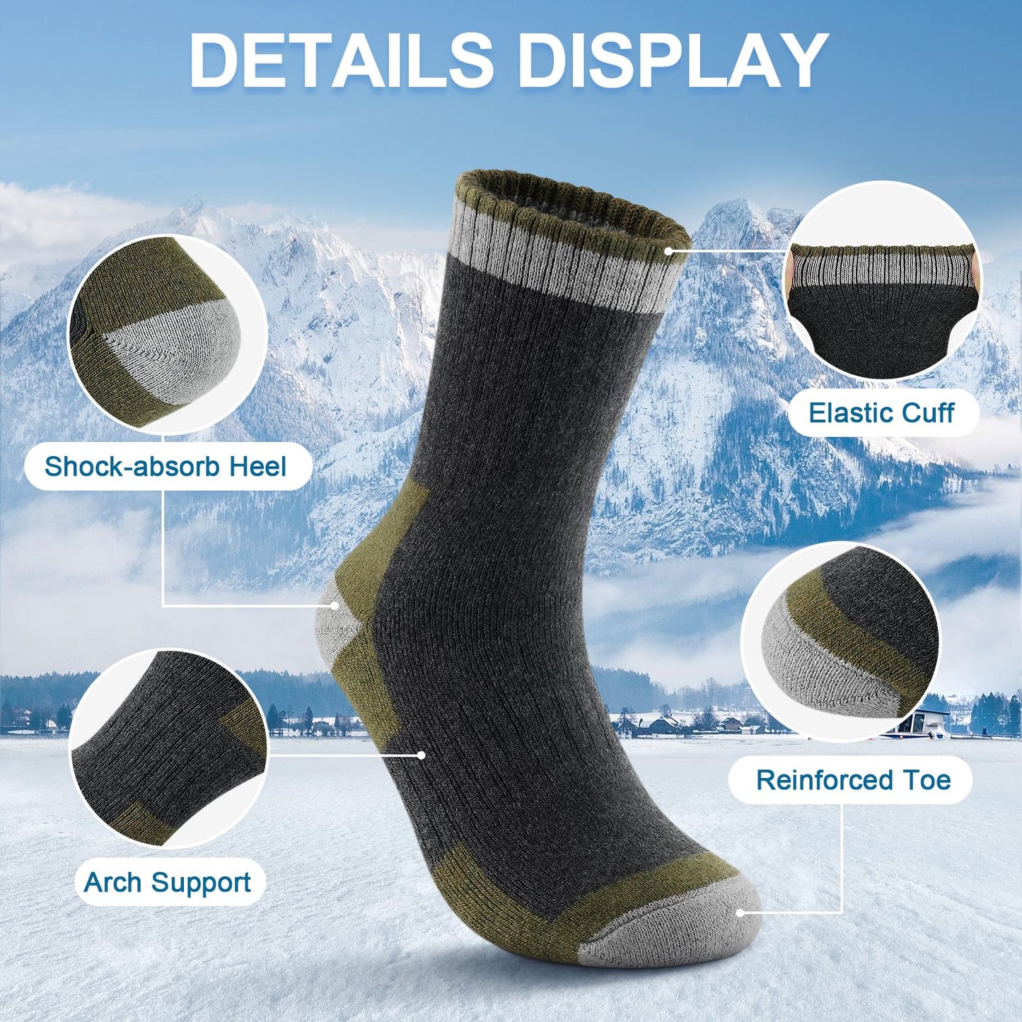 UUMIAER Merino Wool Socks for Men Hiking Thermal Warm Winter Crew Socks Thick Cushion Moisture Wicking Socks 5 Pairs