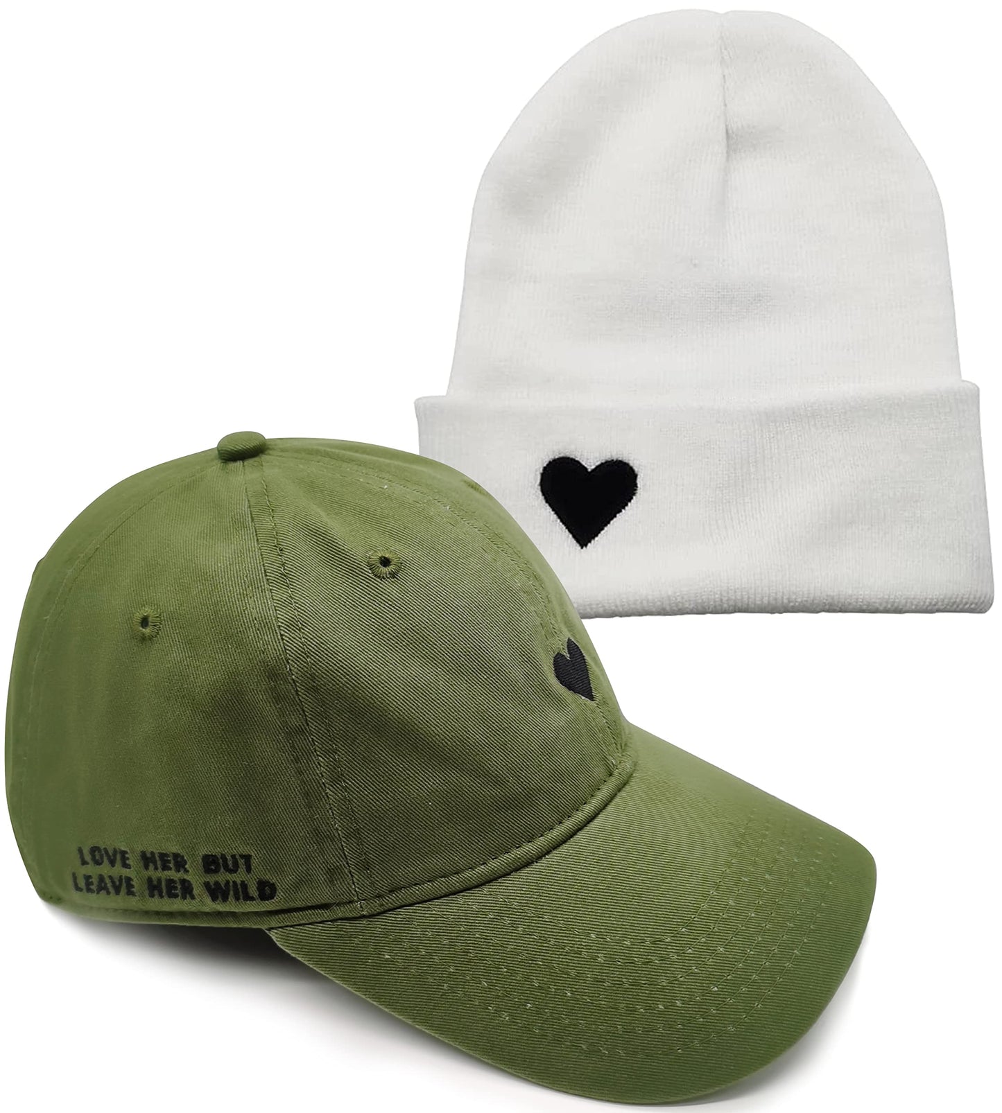 Atticus Poetry Dad Hat for Women (Heart Green) and Cuffed Beanie for Women (Heart Off-White) - Unisex Fit, One Size