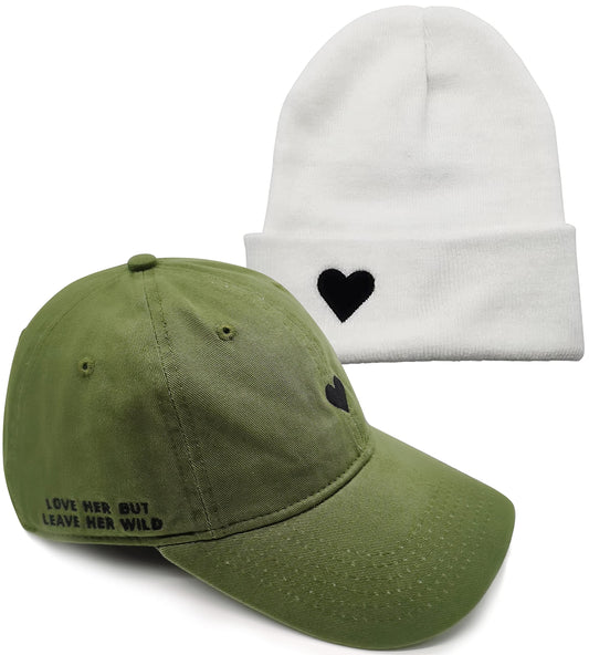 Atticus Poetry Dad Hat for Women (Heart Green) and Cuffed Beanie for Women (Heart Off-White) - Unisex Fit, One Size