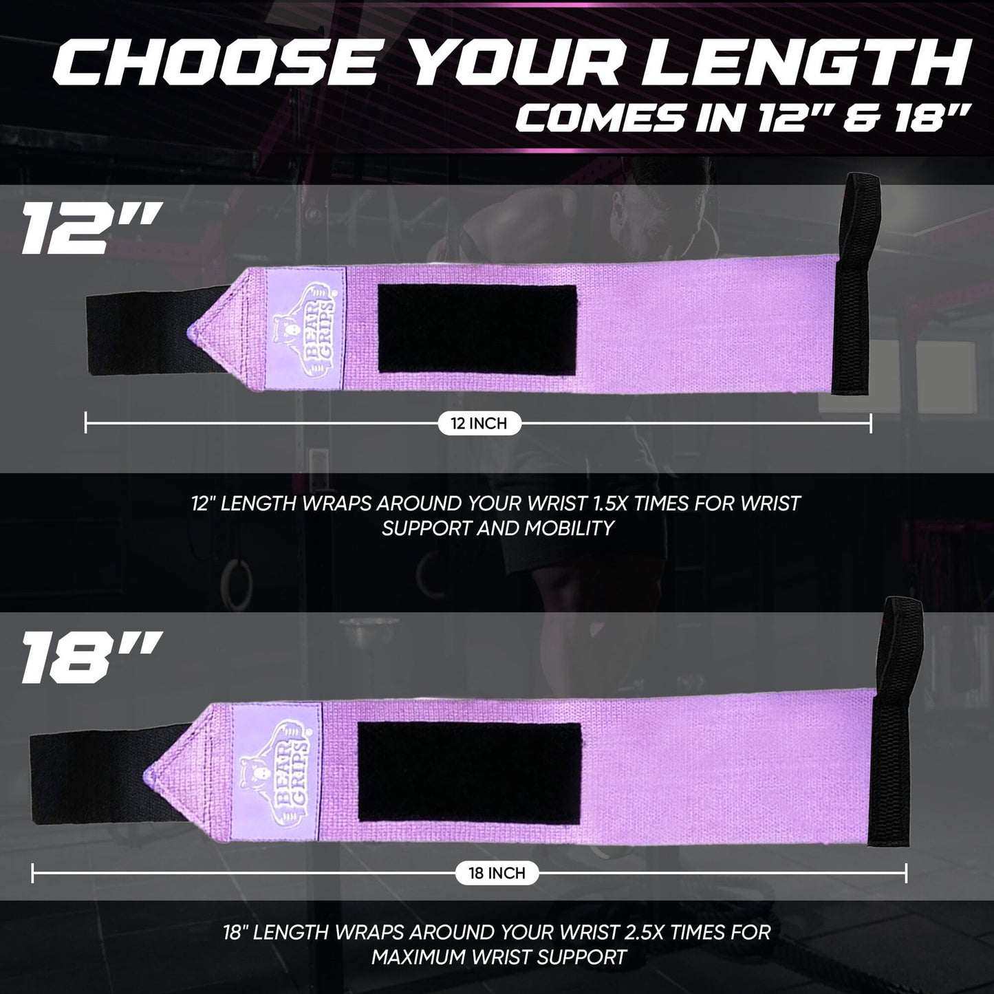 Bear Grips Extra Strength Gym Wrist Wraps for Weightlifting | 2 Wrist Wraps Per Pack | 12" & 18" | Unisex Accessory for Fitness, Gymnastics, Exercise