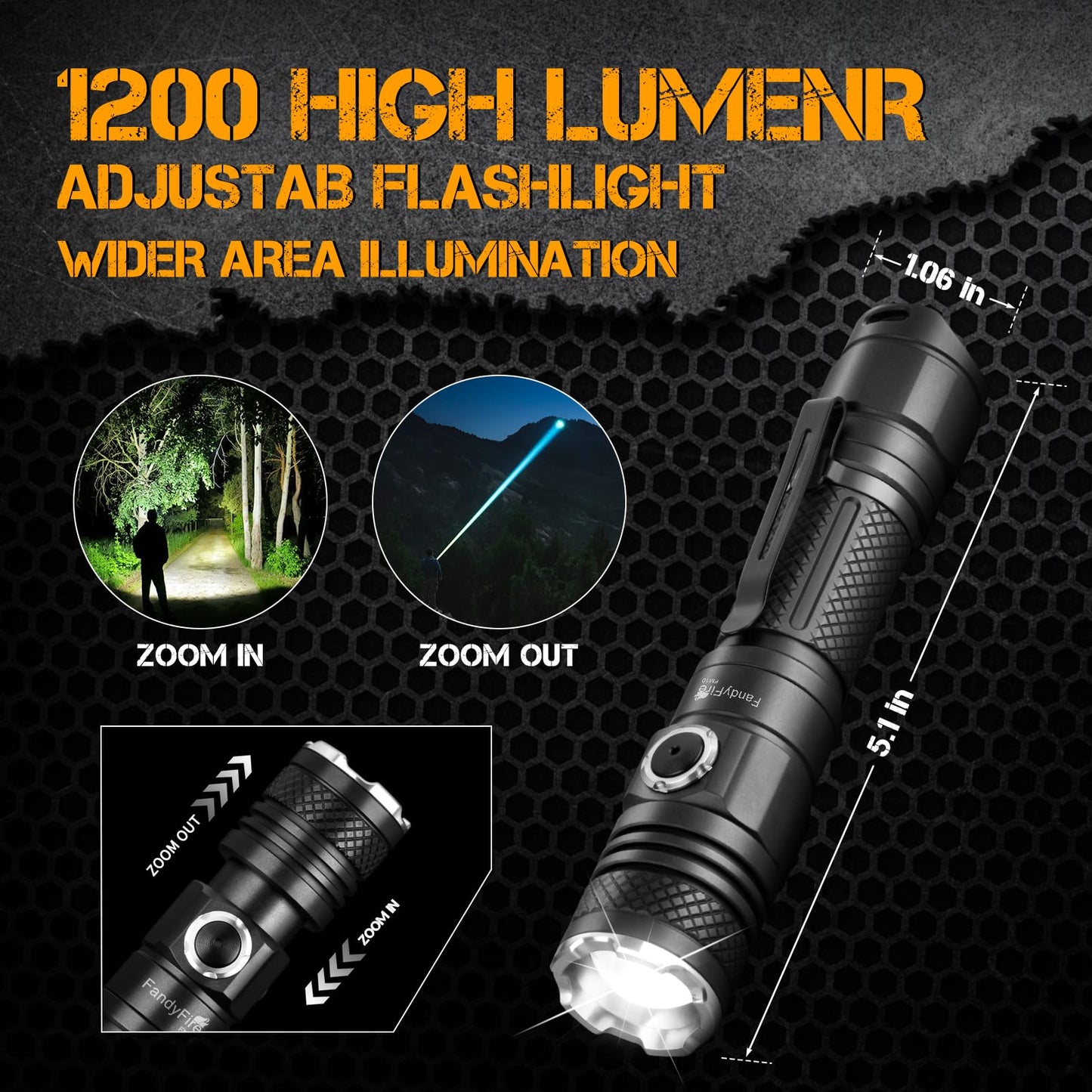 FandyFire FM10 Tactical Flashlight High Lumens with Holster,1200 Lumen Rechargeable Police EDC Flashlight with Belt Holder,Bright Zoomable LED Law Enforcement Flashlights