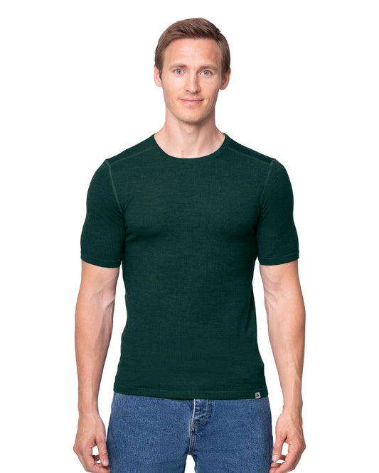 DANISH ENDURANCE Merino Wool Baselayer T-Shirt, Short Sleeve, Premium Undershirt for Men, Breathable and Moisture Wicking, Dark Green, L