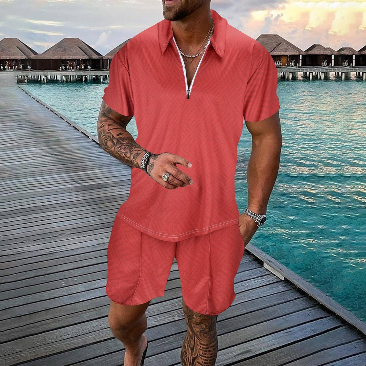 YWASYA men's tracksuits 2 piece outfit,mens two piece outfits sets summer big and tall 1/4 zipper polo shirts and athletic shorts set tracksuits for men set