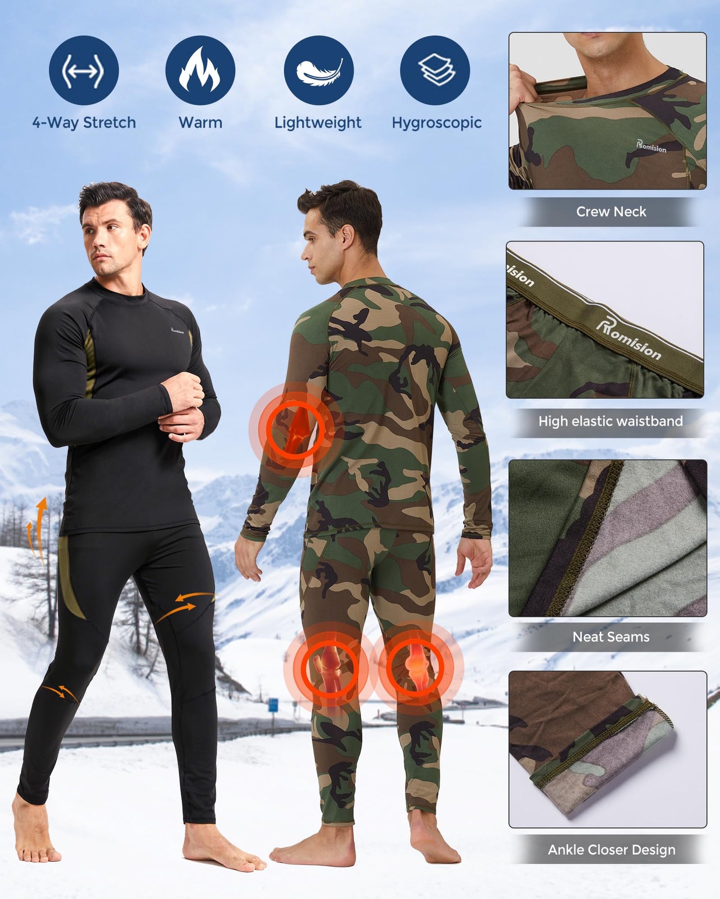 romision Thermal Underwear for Men, Ultra Soft Long Johns Set Fleece Lined Warm Base Layer Top and Bottom for Cold Weather