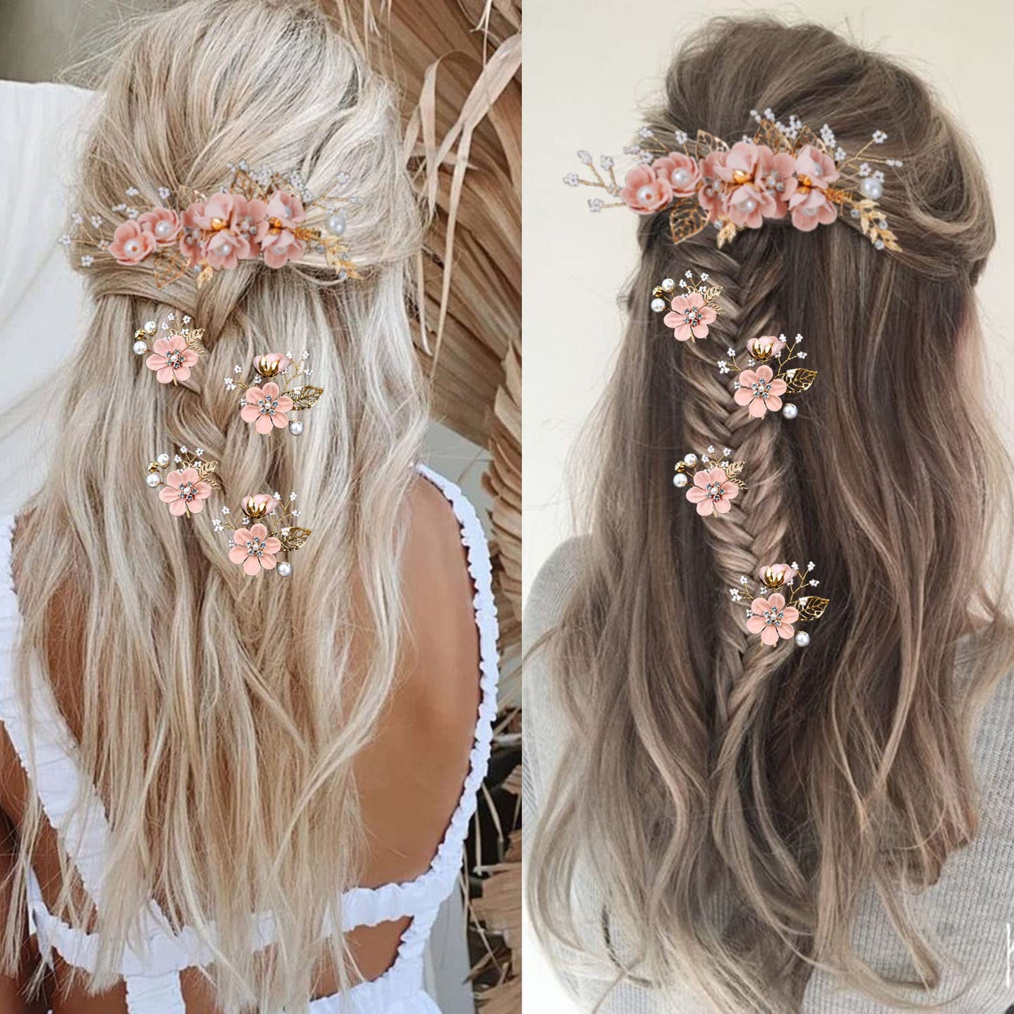 5 Pieces Bridal Flower Wedding Hair Pins Crystal Pearl Hair Combs Clips Headpiece Gold Wedding Hair Accessories Jewelry with Rhinestone for Brides Bridesmaids Women Girls Updo (Cherry Blossoms Pink)