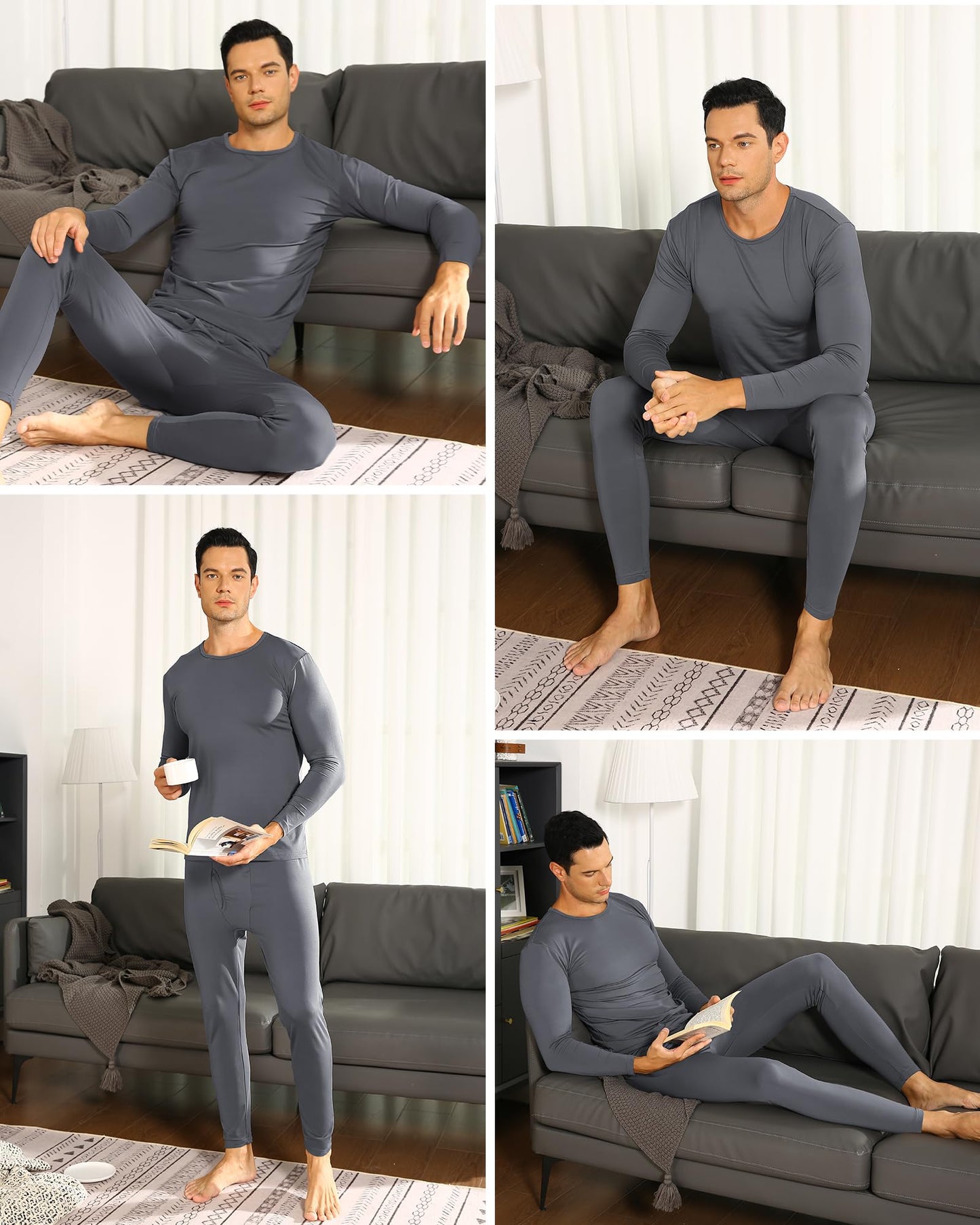 ViCherub Thermal Underwear for Men Fleece Lined Long Johns Ultra Soft Thermals Top and Bottom Warm Base Layer Mens Set of 2 Black & Charcoal M