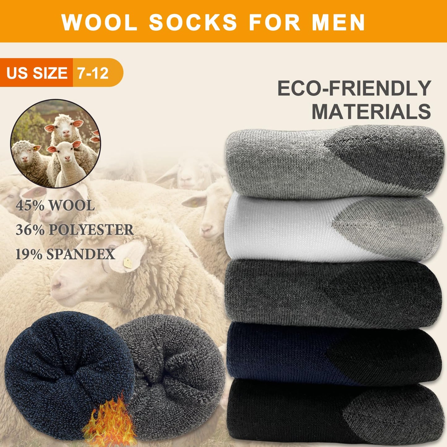 VoJoPi 5 Pairs Warm Thermal Socks for Men Thick Wool Hiking Winter Warm Socks Moisture Wicking Cozy Socks for Cold Weather