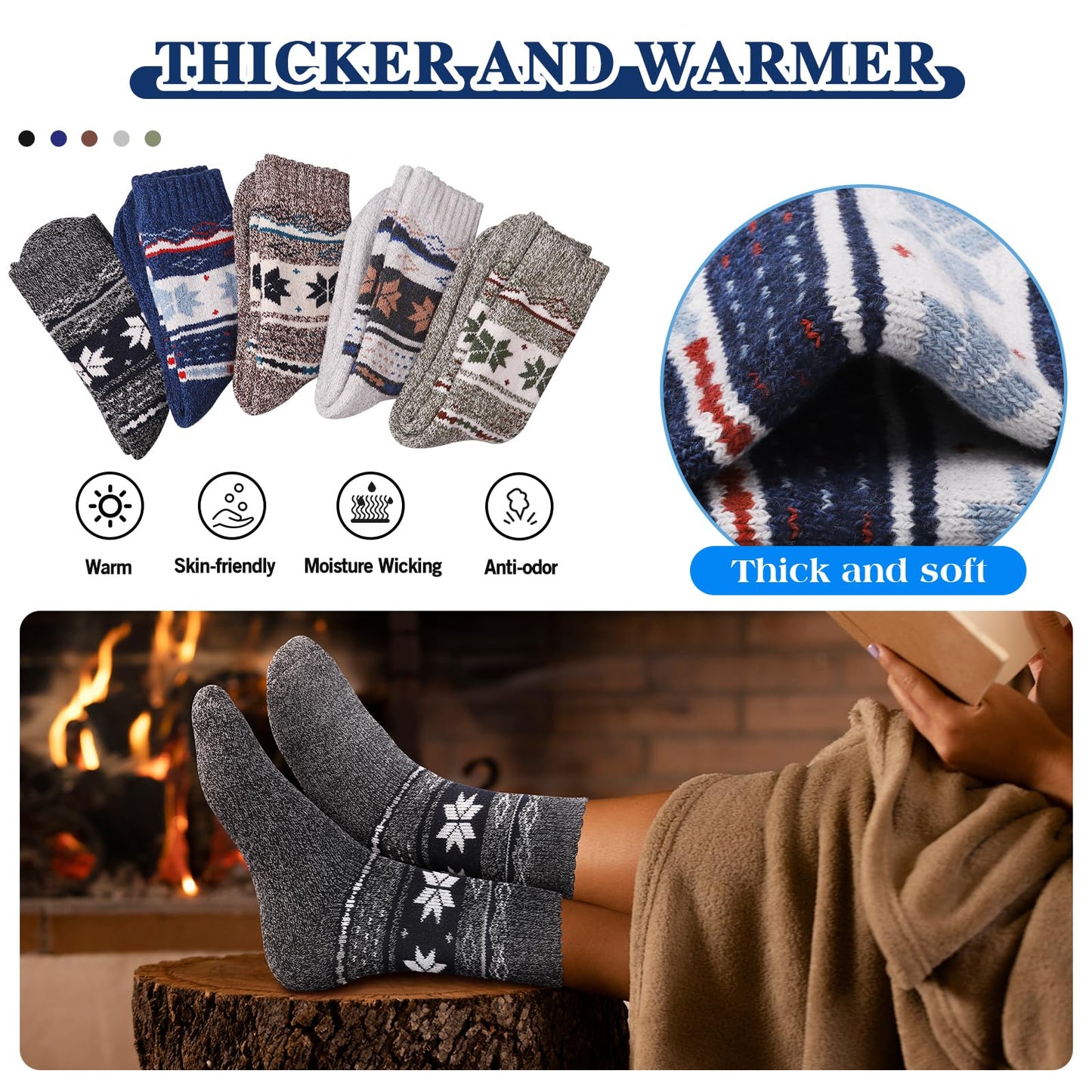 Yeblues Winter Warm Thick Wool Socks for men, Thermal Wool Hiking Socks, Breathable Cozy Crew Socks for Men Cold Weather 5 Pairs(size 12-17)