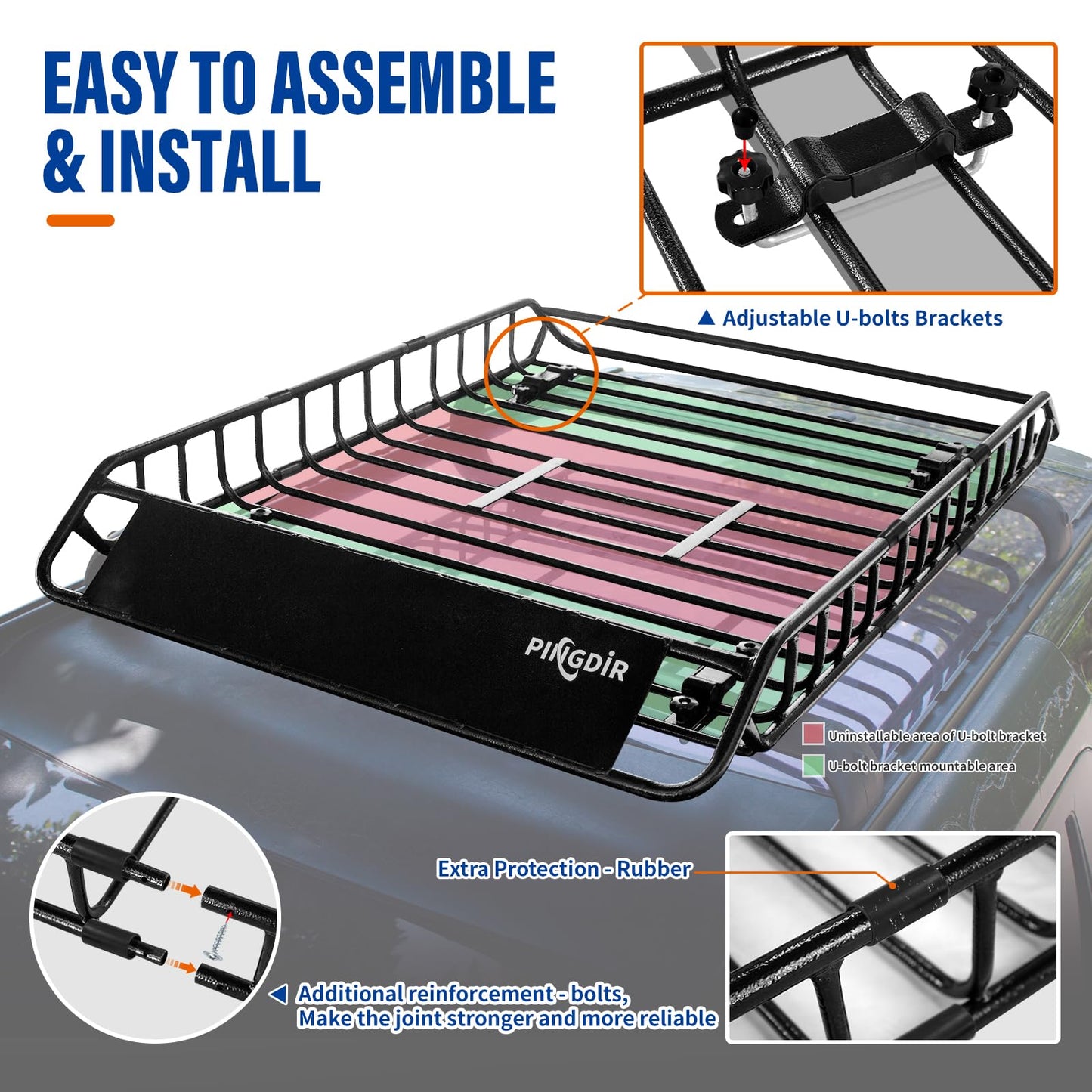 PINGDIR Roof Rack Basket 51" X 36" X 5" Rooftop Rack Cargo Carrier Universal, Waterproof Cargo Bag 44 * 35 * 16", Cargo Net with Attachment Hooks, 2 pcs Ratchet Strap,Roof Pedal