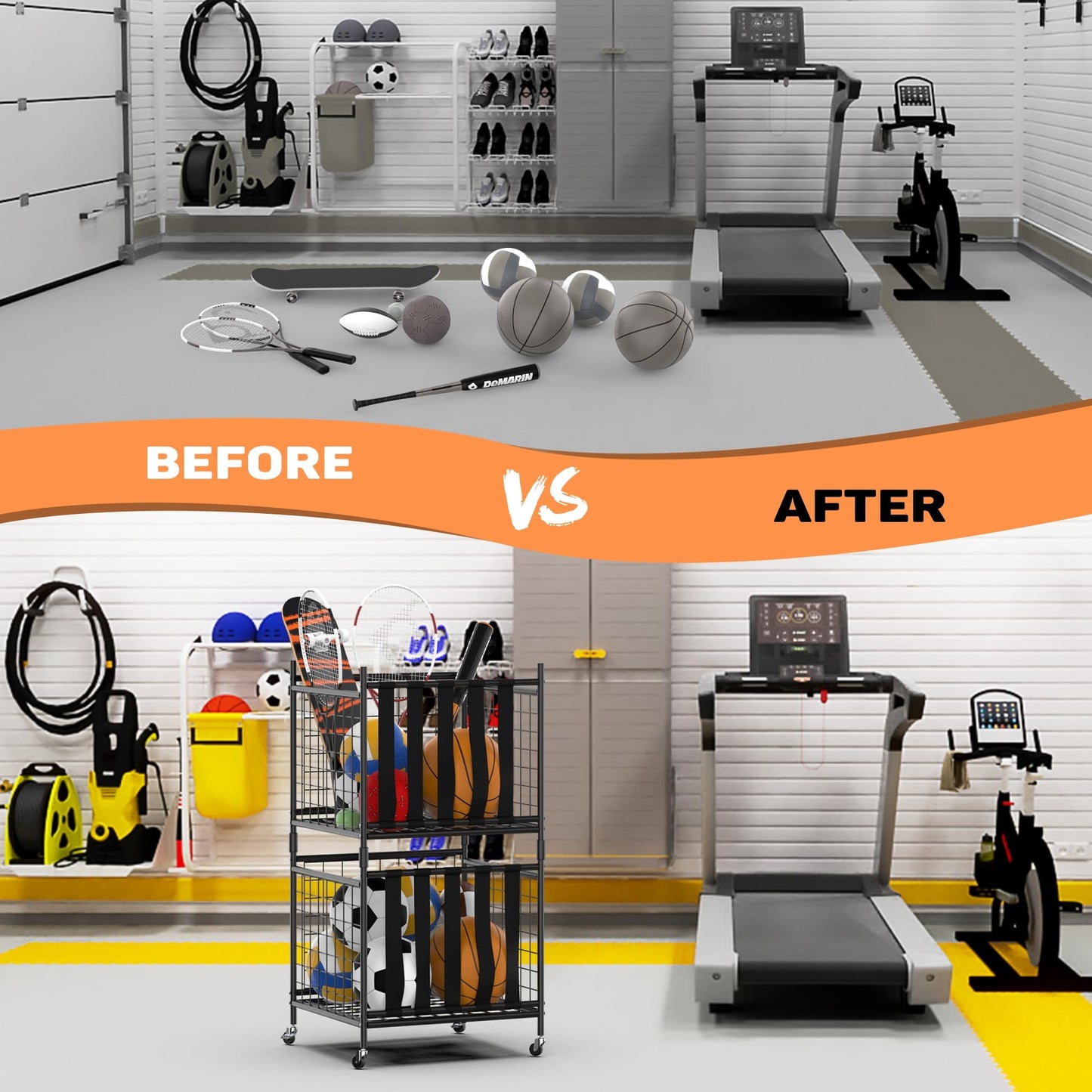 WALMANN Garage Ball Storage, Sports Ball and Sport Equipment Organizer Ball Storage Rack Indoor/Outdoor Rolling Ball/Toy Storage Cart