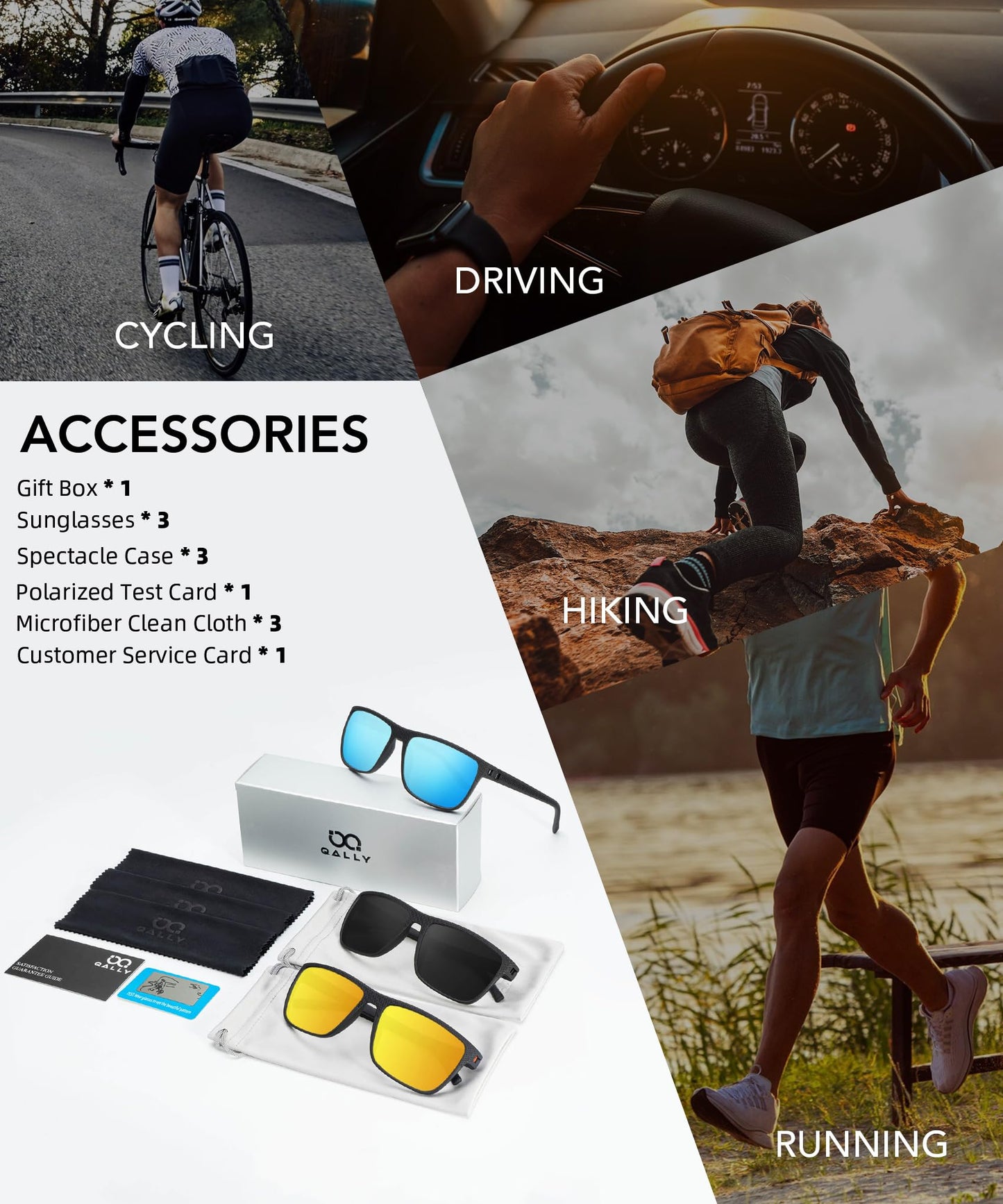 QALLY Night Vision Glasses Men, Polarized Sunglasses Men with UV protection Lightweight Sun Glasses for Driving Fishing Golf