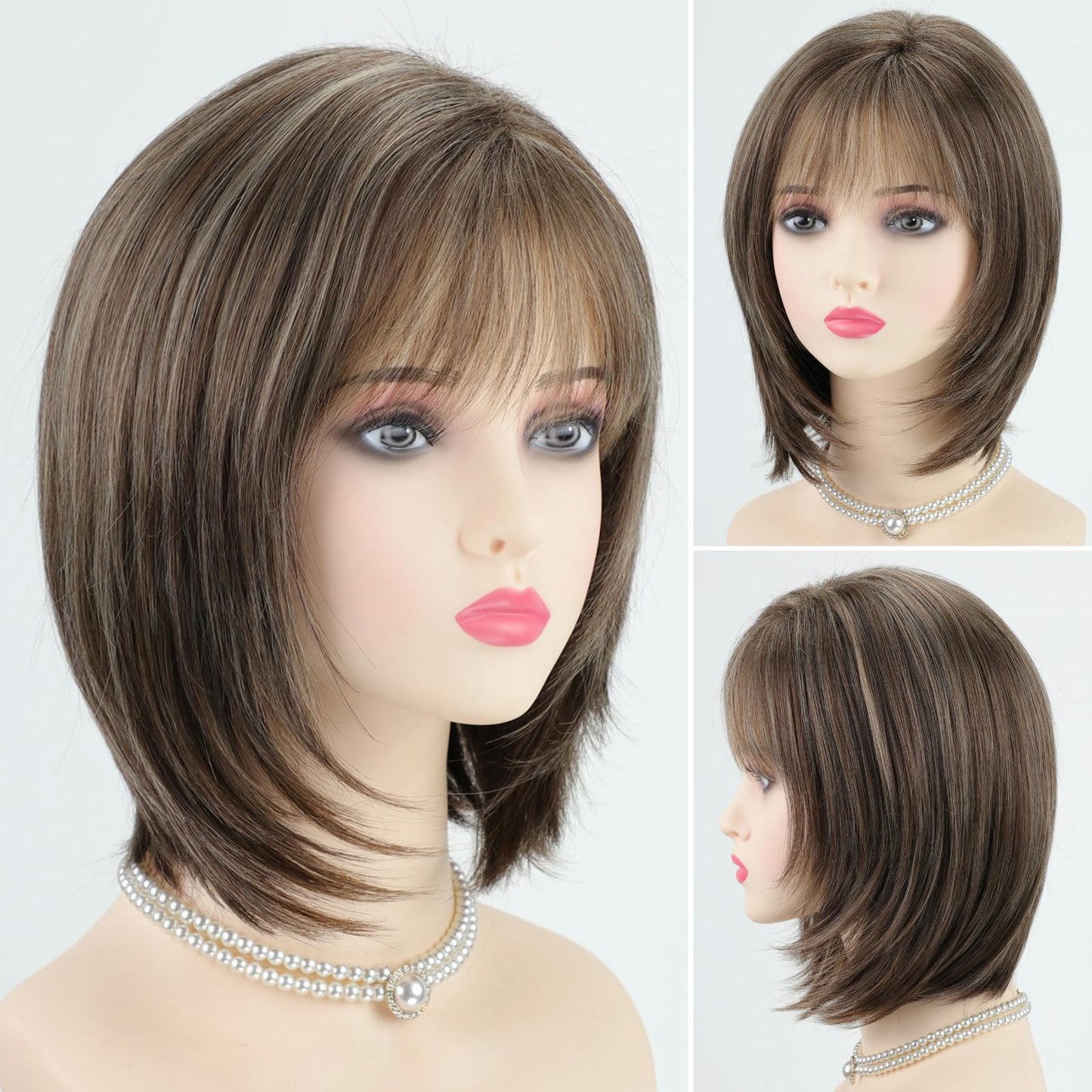 RENERSHOW Brown Highlight Short Pixie Bob Wig with Bangs Layered Brown Mix Blonde Wigs for Women Chin Length Straight Synthetic Wig Natural Looking Daily Party Wig