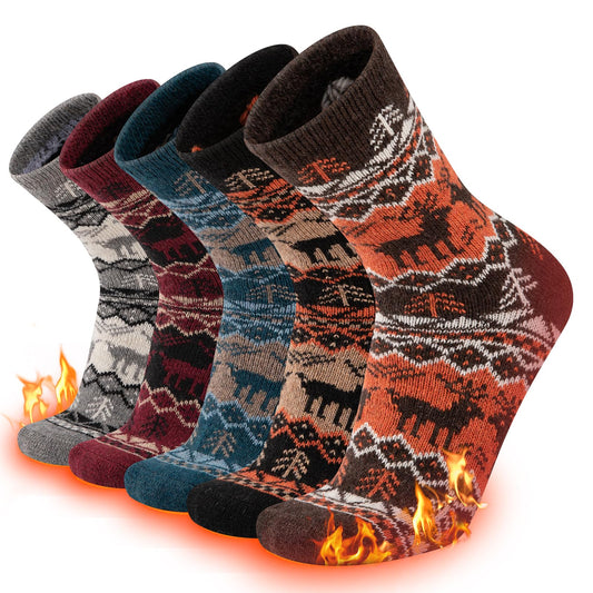 COOPLUS Wool Socks Mens Warm Winter Thermal Thick Pattern Crew Socks for Cold Weather (5 Pairs)