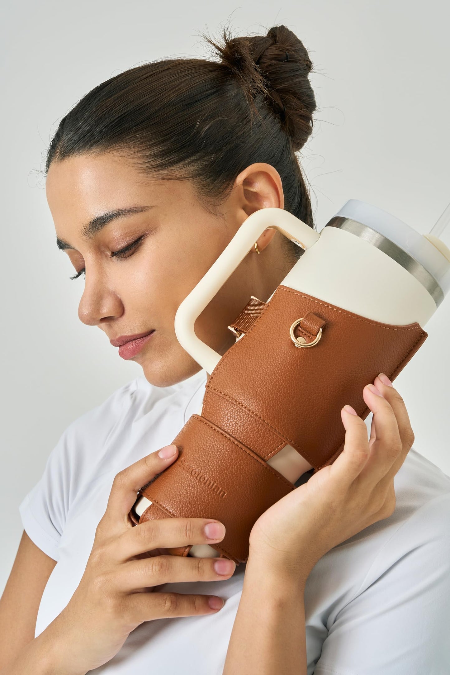 Premium Water Bottle Carrier Bag for Stanley 40oz & Simple Modern 40oz - PU Leather Water Bottle Holder with Adjustable Strap - Includes Card Holder & Keyring for Stanley Cup Accessories (Brown)