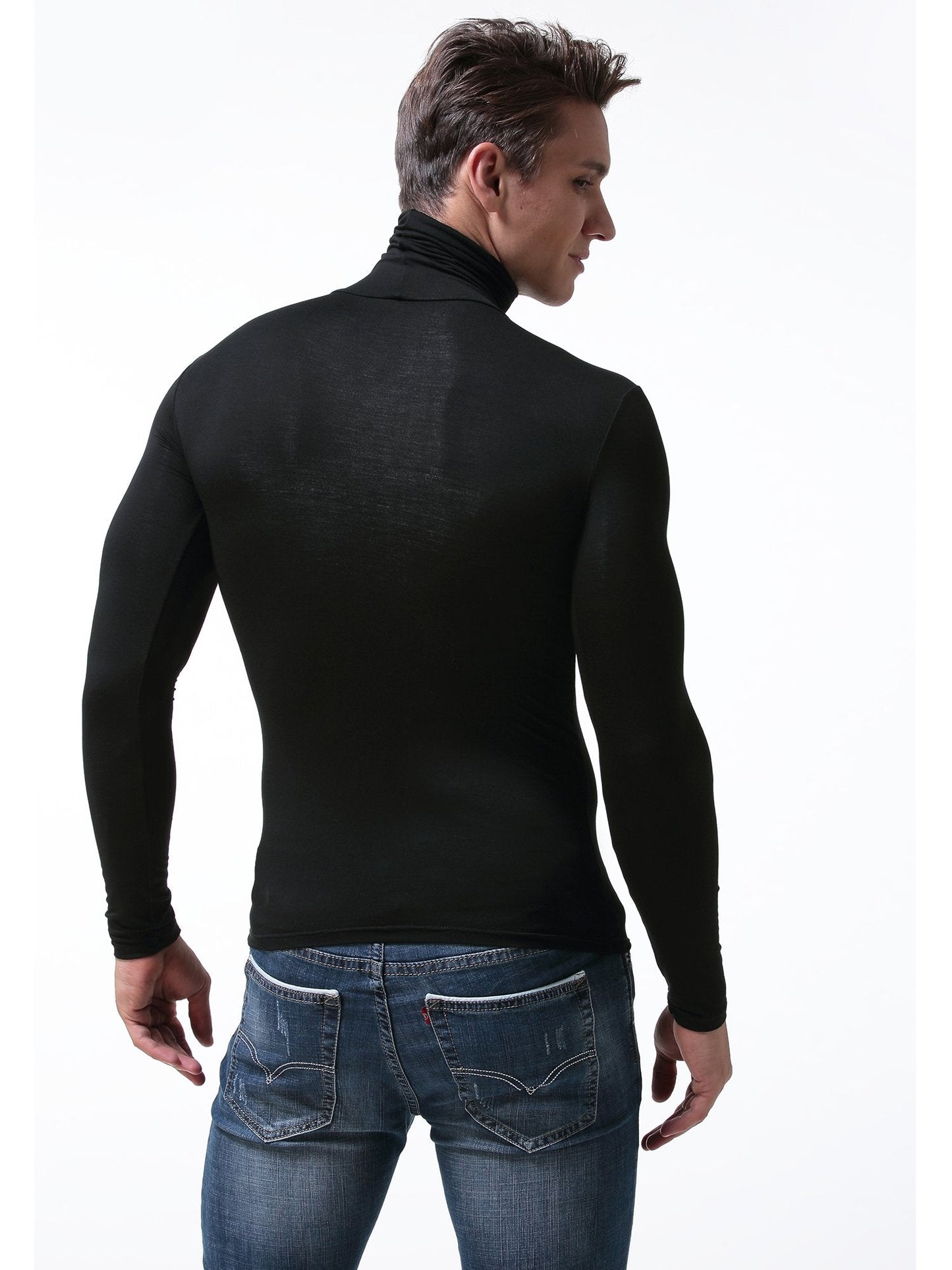 SALNIER Men Basic Turtleneck Slim Fit Long Sleeve Pullover Top Solid Thermal Knitted T-Shirt Sweaters Soft Lightweight Shirt (Black, L)