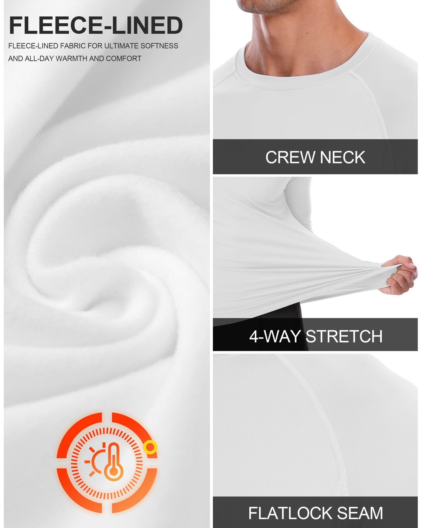 EoBeKee Mens Thermal Long Sleeve Shirt - Compression Tight Shirts Winter Base Layer Tops Running Sports Hunting Workout Undershirt White