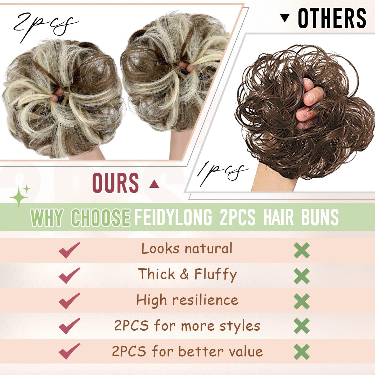 FeidyLong 2 PCS Messy Bun Hair Piece Wavy Curly Scrunchies Synthetic Chignon Ponytail Hair Extensions Thick Updo Hairpieces for Women Girls(Brown Mix Bleach Blonde)